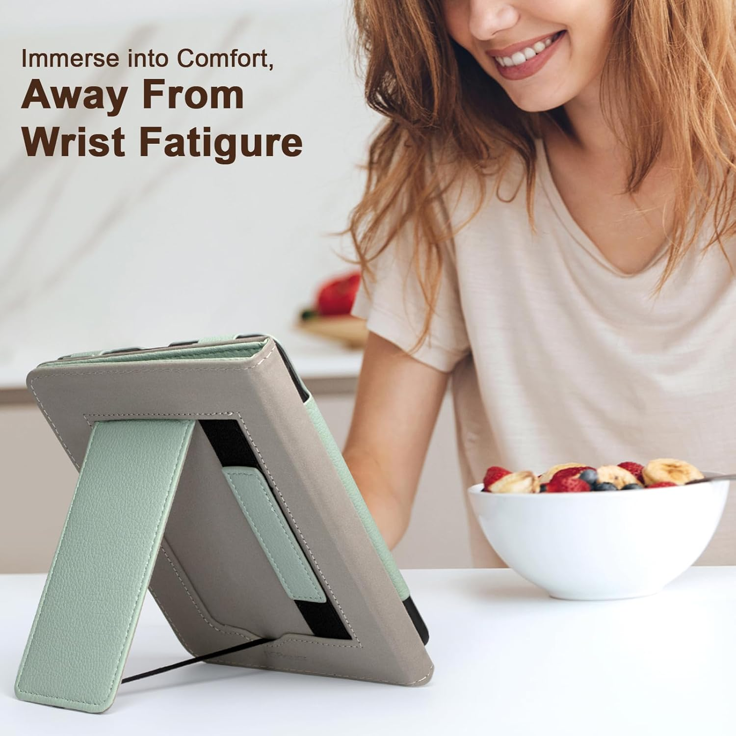 Rsaquar Case for 7-Inch Kindle Colorsoft Signature Edition and All-New Kindle Paperwhite (2024 Release), Full Protection Cover with Auto Sleep/Wake, Hand Strap and Foldable Stand - Agave Green - Black image number 3