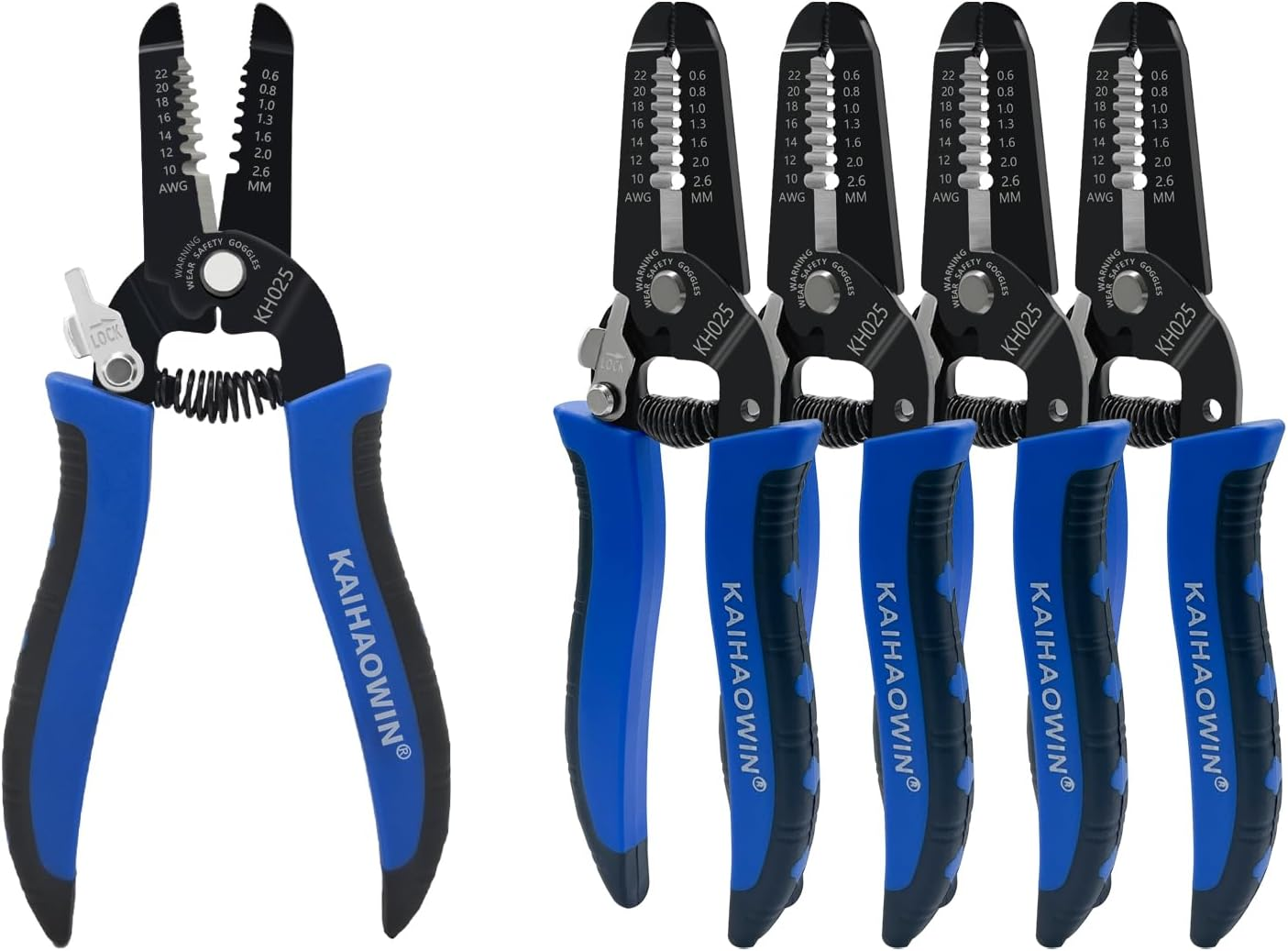 KAIHAOWIN 5 Pack Wire Stripper and Cutter with Safety Lock and Spring Loaded Professional Stripping Pliers Electrican Tool Small Gauge for 10-22 AWG Stranded Wire image number 3