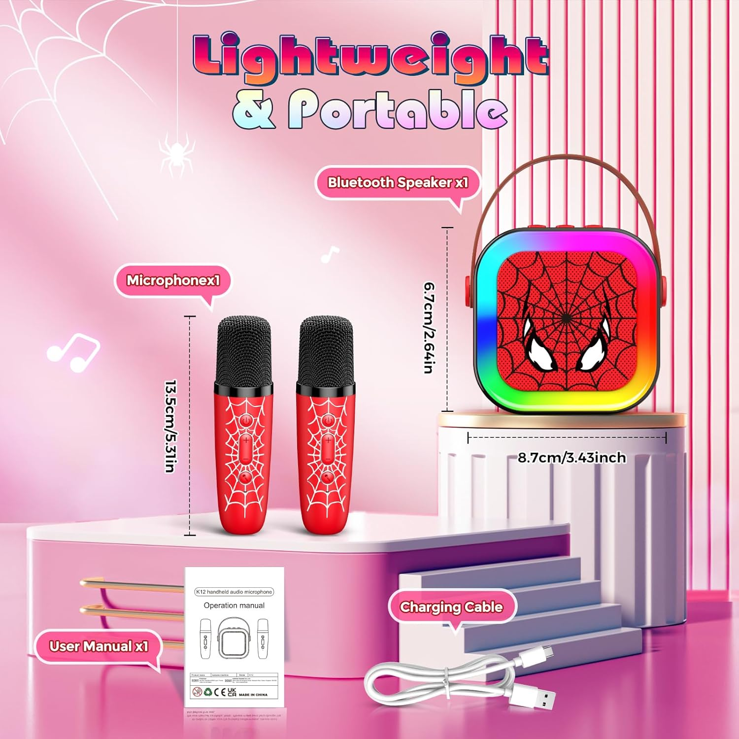 Mini Spider Karaoke Machine Kids, Vingtank Toys for 4 5 6 7 8 9 Year Old Boys Girls Portable Bluetooth Speaker with 2 Wireless Microphones Gifts for 3-5 6-8 8-12 Year Old Boys Girls Adult Family Party image number 1