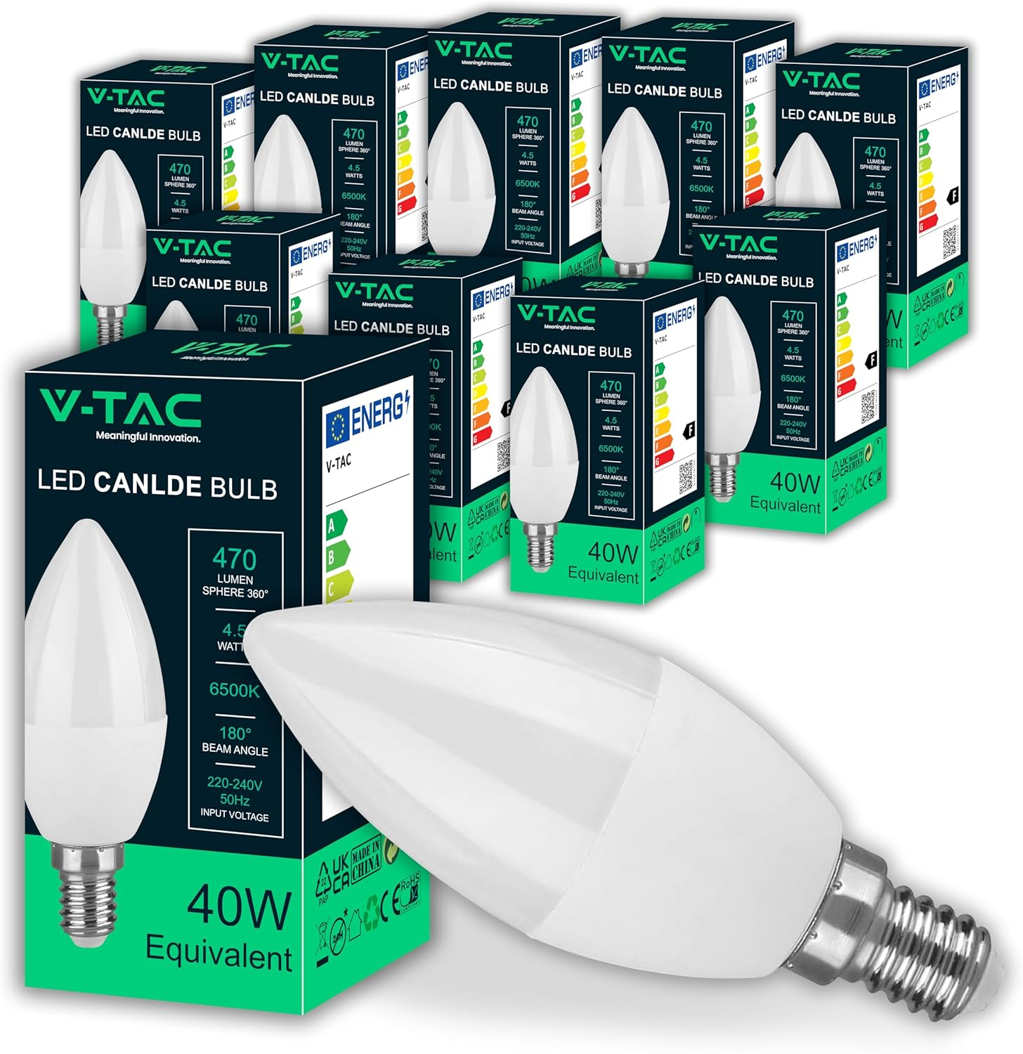 V-TAC 10 X E14-4.5W LED Candle Bulbs (Equivalent to 40W) 470 Lumen 3000K Warm White - Opening of the Light Beam 180&deg; - Maximum Efficiency and Energy Saving Bulb