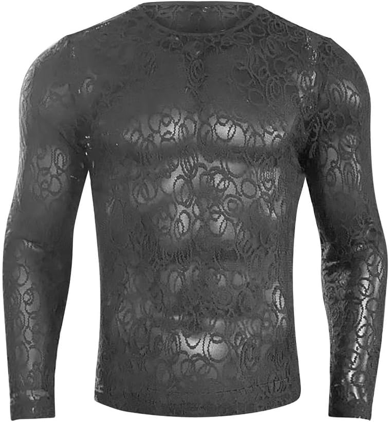 Men'S T-Shirt Sexy Costume Mesh Semi See through Long Sleeve Base Layer Lace Hollow Top image number 4