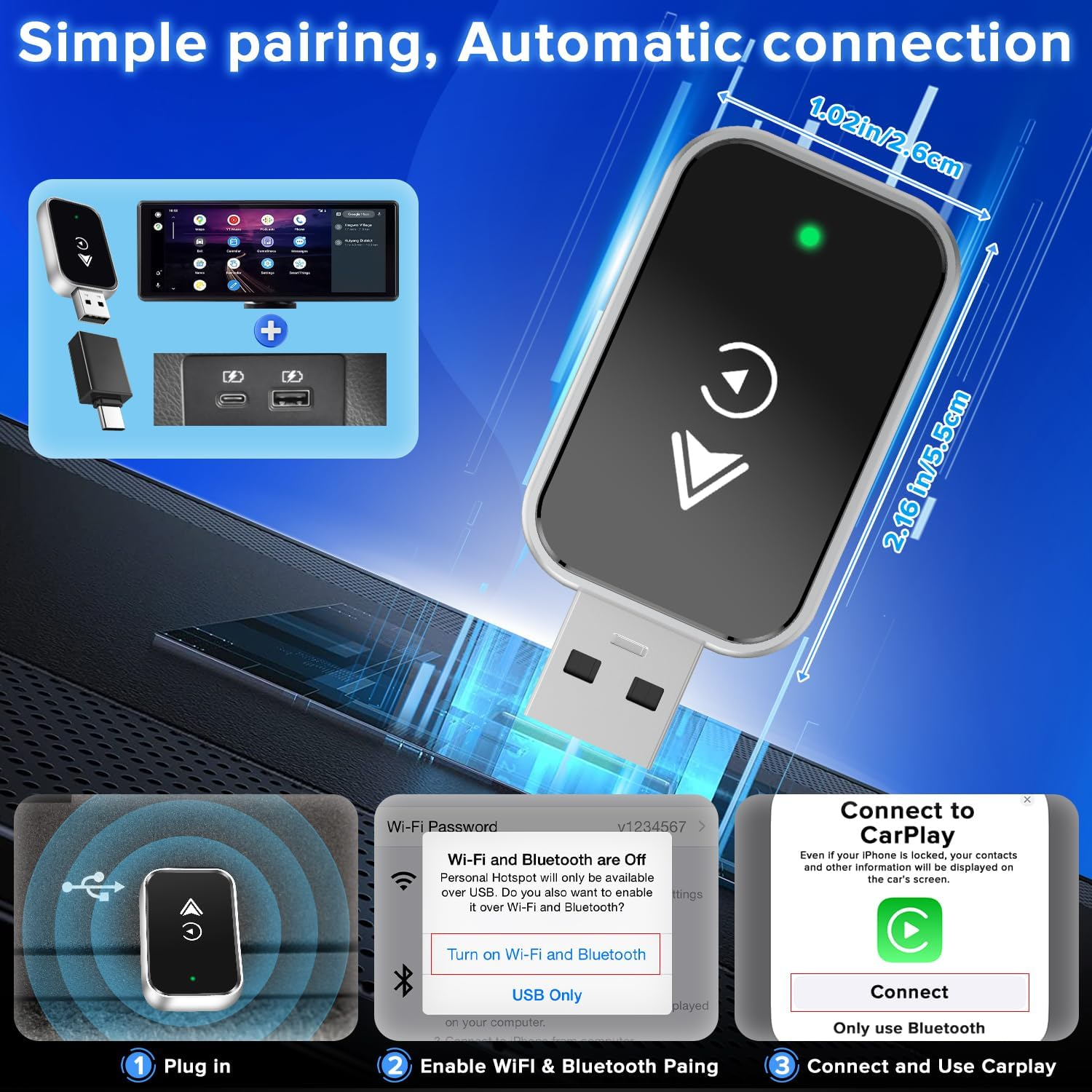 Necomi Wireless Carplay Adapter for Iphone/Android,2 in 1 Upgrade Wireless Auto Adapter, Dongle Plug and Play, No Delay,For Iphone Ios 10+/ Android 11+/ Cars 2017+ image number 6