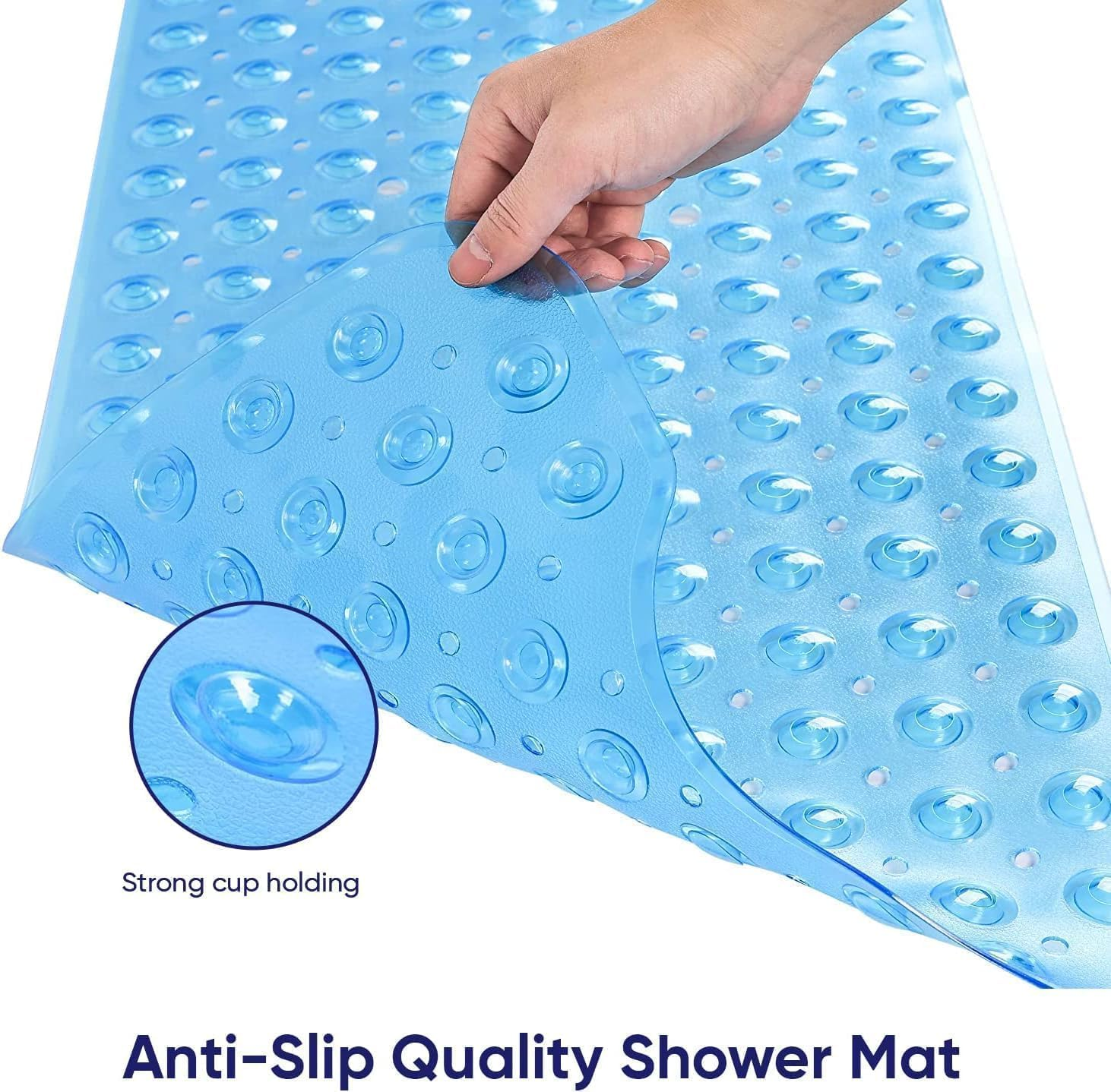 Non Slip Bath Mat, 100 X 40Cm Extra Long Shower Mat anti Mould, Machine Washable, Soft PVC Antibacterial Bathmat for Tub with Suction Cups & Drain Holes, Quick-Dry, Bath Mat for Bathroom (Clear Blue) image number 6
