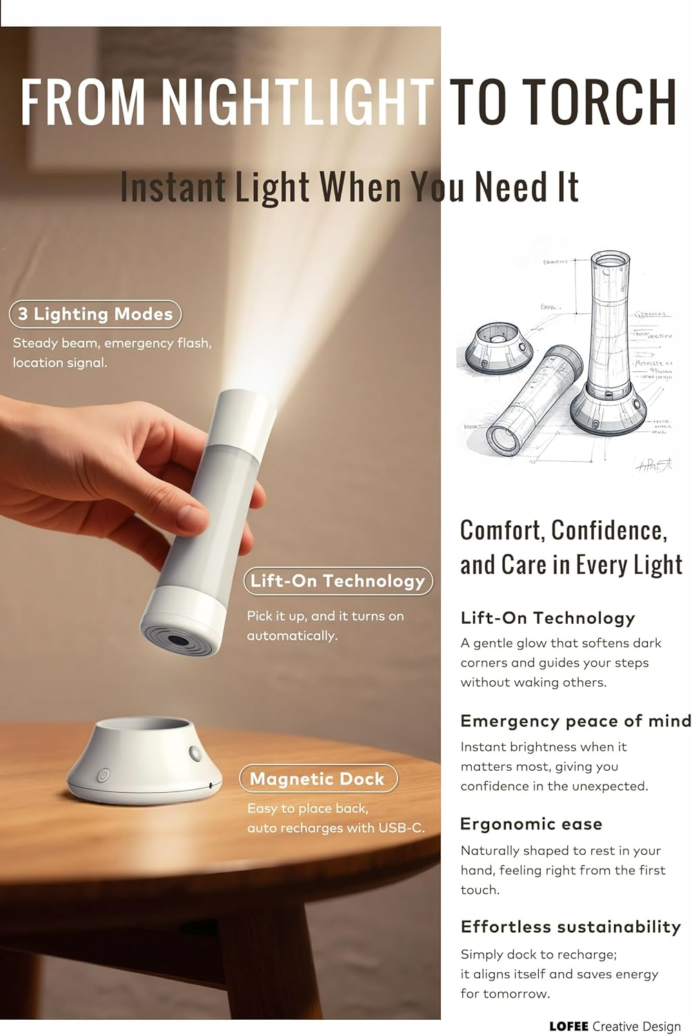 Rechargeable Smart Sensor Night Light with PIR Motion Detection &ndash; 1800Mah LED Bedside Lamp, Nursing & Reading Light, Dimmable Flashlight, Type-C Charging for Bedroom & Kids Room image number 2