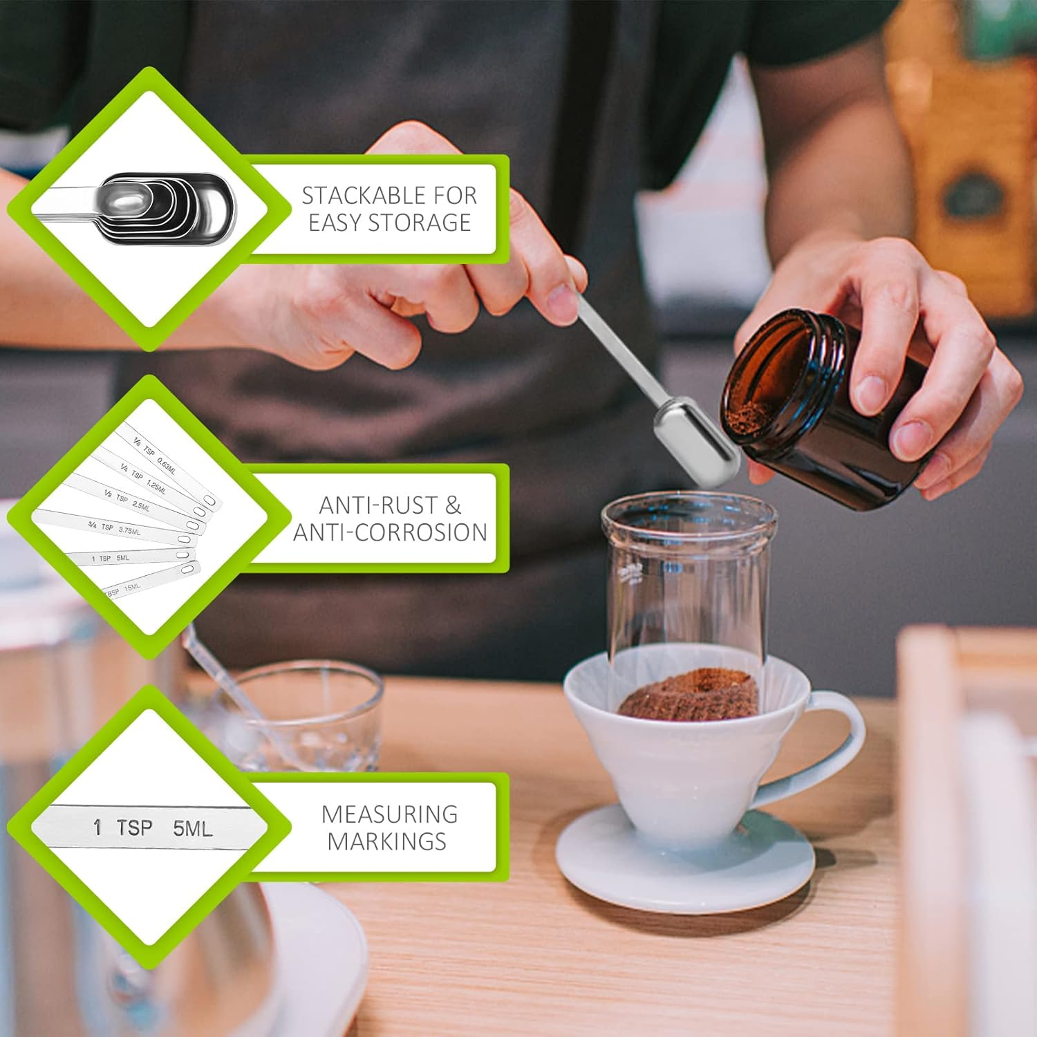 2PCS 1Tsp (1/3Tbsp, 5Ml) Single Measuring Spoon, Stainless Steel Long Handle Individual Teaspoons Only image number 3