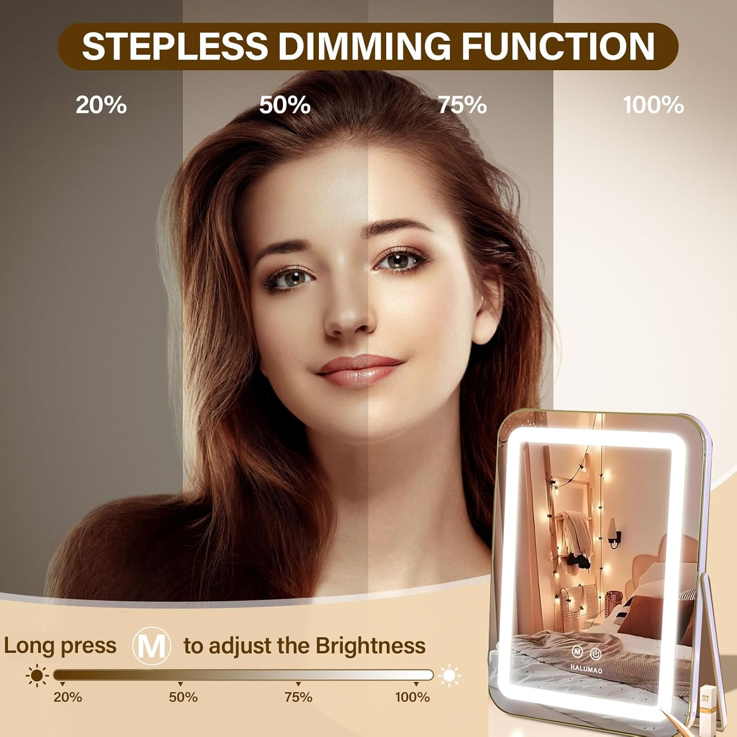 Vanity Mirror with Lights, 13.8" X 10.6"Light up Makeup Mirror, LED Makeup Mirror with Lights for Bedroom Tabletop, Smart Touch Control 3 Colors Dimmable, 360&deg; Rotation