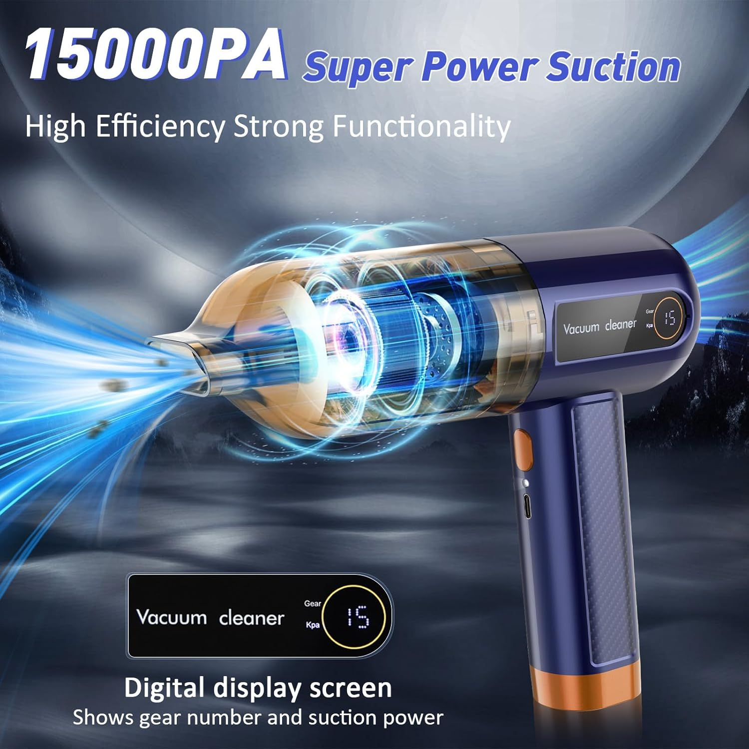 Musclez Car Vacuum Cleaner, 15000PA Mini Portable Handheld Car Vacuum Rechargeable Dust Buster, Wireless Air Blower, LED Display Powerful Cordless Vacuum Cleaner for Home Pet Hair Office(Blue) image number 4