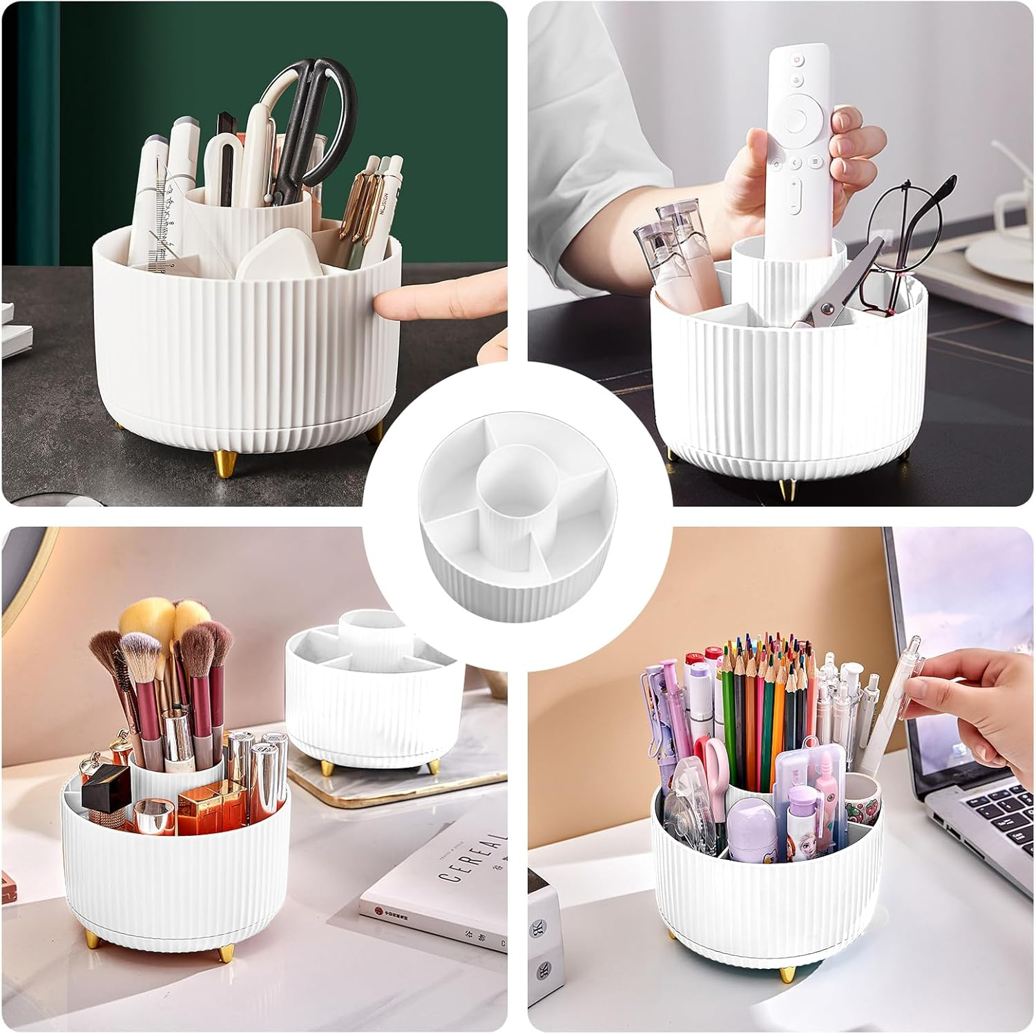 Diesisa Makeup Brush Holder Organizer,360&deg; Rotating Makeup Brush Organizer,5 Slot Make up Brushes Cup for Cosmetics, Nail Polish, Art Supply, Bathroom Vanity Desktop Organizer - White - Blue image number 3