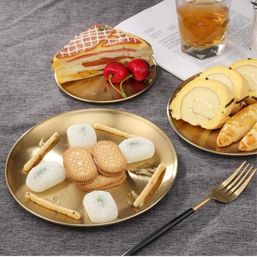 DACUAN Multi-Purpose Tray, Pack of 2 Gold Tray Round, Stainless Steel Golden Circular, Serving Tray for Living Rooms Bathrooms Hotels Restaurants image number 1