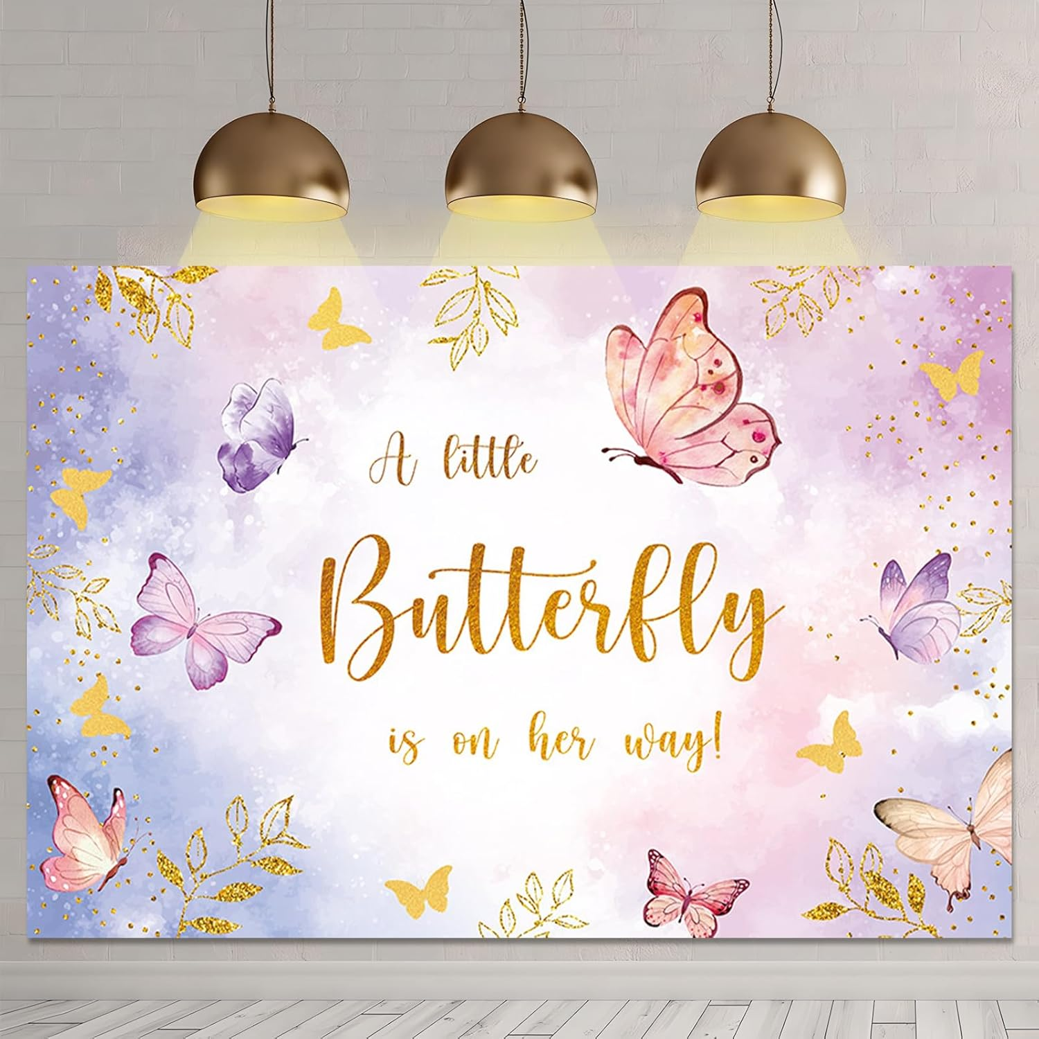 APROPHIC 7 X 5 Feet Butterfly Baby Shower Background a Small Butterfly Is on the Way Party Background Purple and Pink Butterflies Photography Background Girls Female Party Banner image number 1