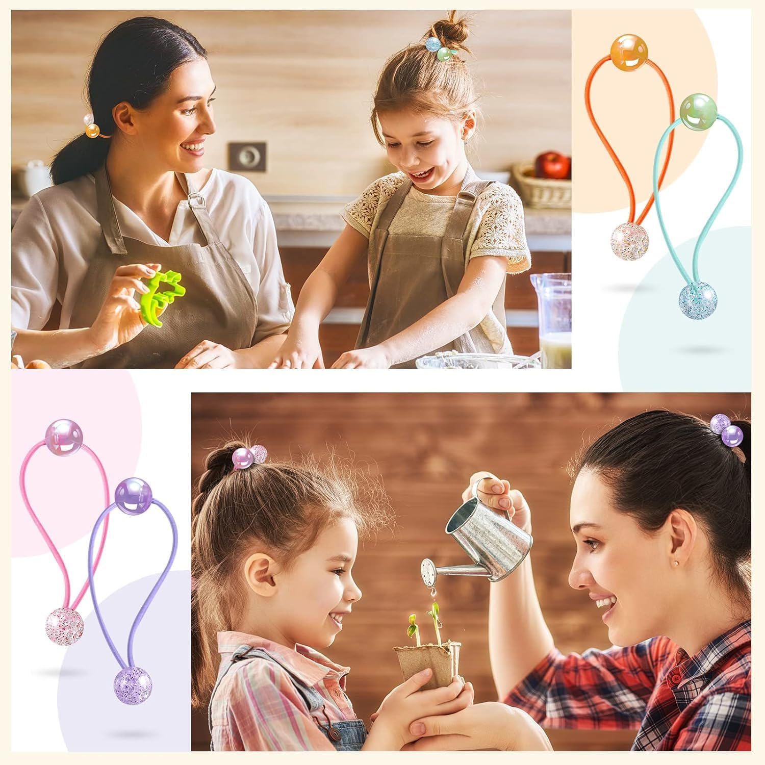 14Pcs Girl Double Balls Elastic Ponytail Holders, Large round Twin Bead Hair Ties, Bright Multicolored Bauble Hair Elastics for Toddler Kids, Value Pack for Stylish and Secure Hairstyles image number 4
