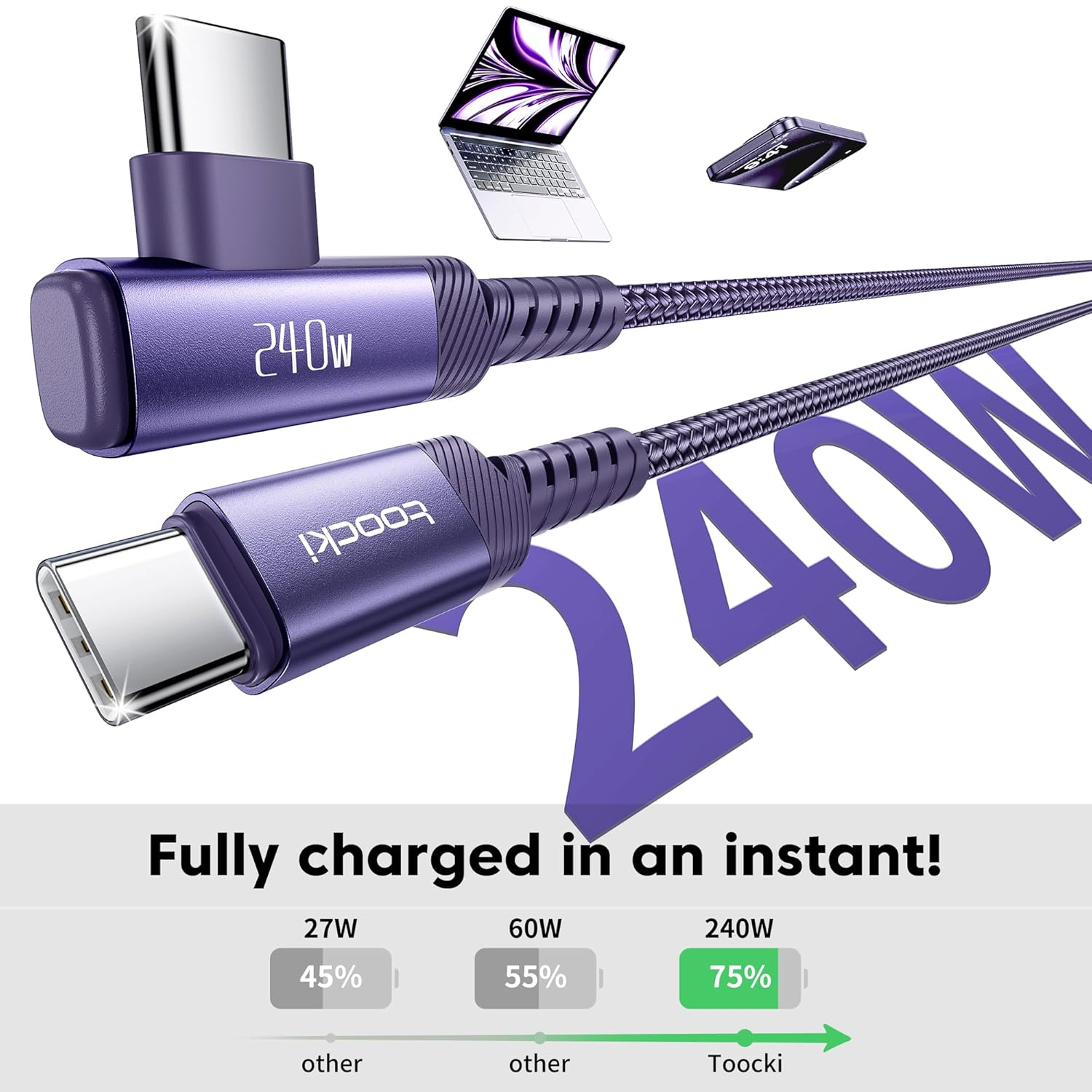 Toocki 240W 2Pack USB C to USB C Cable [3M+3M], PD3.1 Fast Charging & 480Mbps, Nylon Braided Right Angle Type-C Cord for Iphone 17/Iphone 16 Pro Max/Macbook Pro/Ipad/Galaxy S25, Purple image number 1