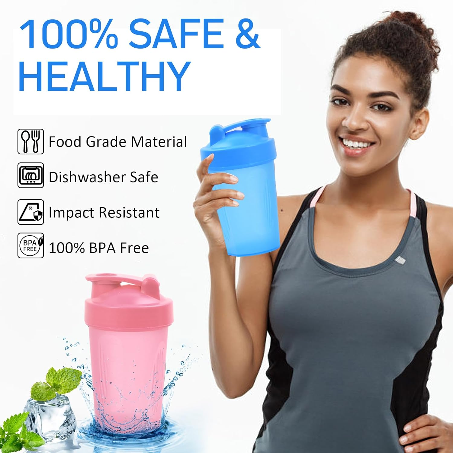 2 Pcs Protein Shaker Bottle, 400Ml Sports Bottle Protein with Wire Mixing Ball Sports Leakproof Water Bottles for Protein Shakes and Pre Workout image number 2