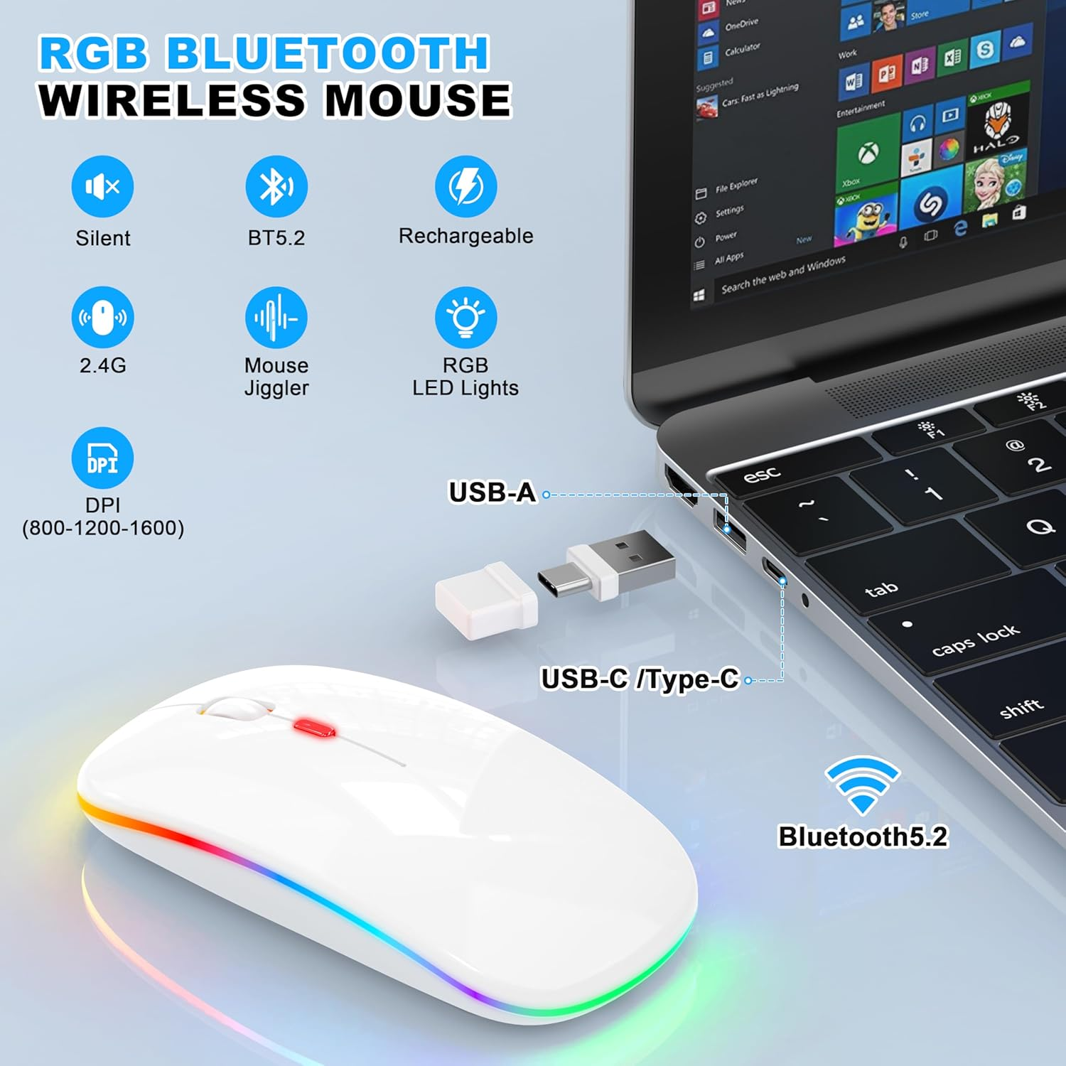 LED Bluetooth Wireless Mouse for Macbook Air Mac Pro Laptop Ipad &ndash;Rechargeable Silent Light-Up Optical Mouse with Jiggler Dual Mode BT5.2 & USB-A/USB-C for Students, Kids, Girls, Boys (White) - Black image number 3