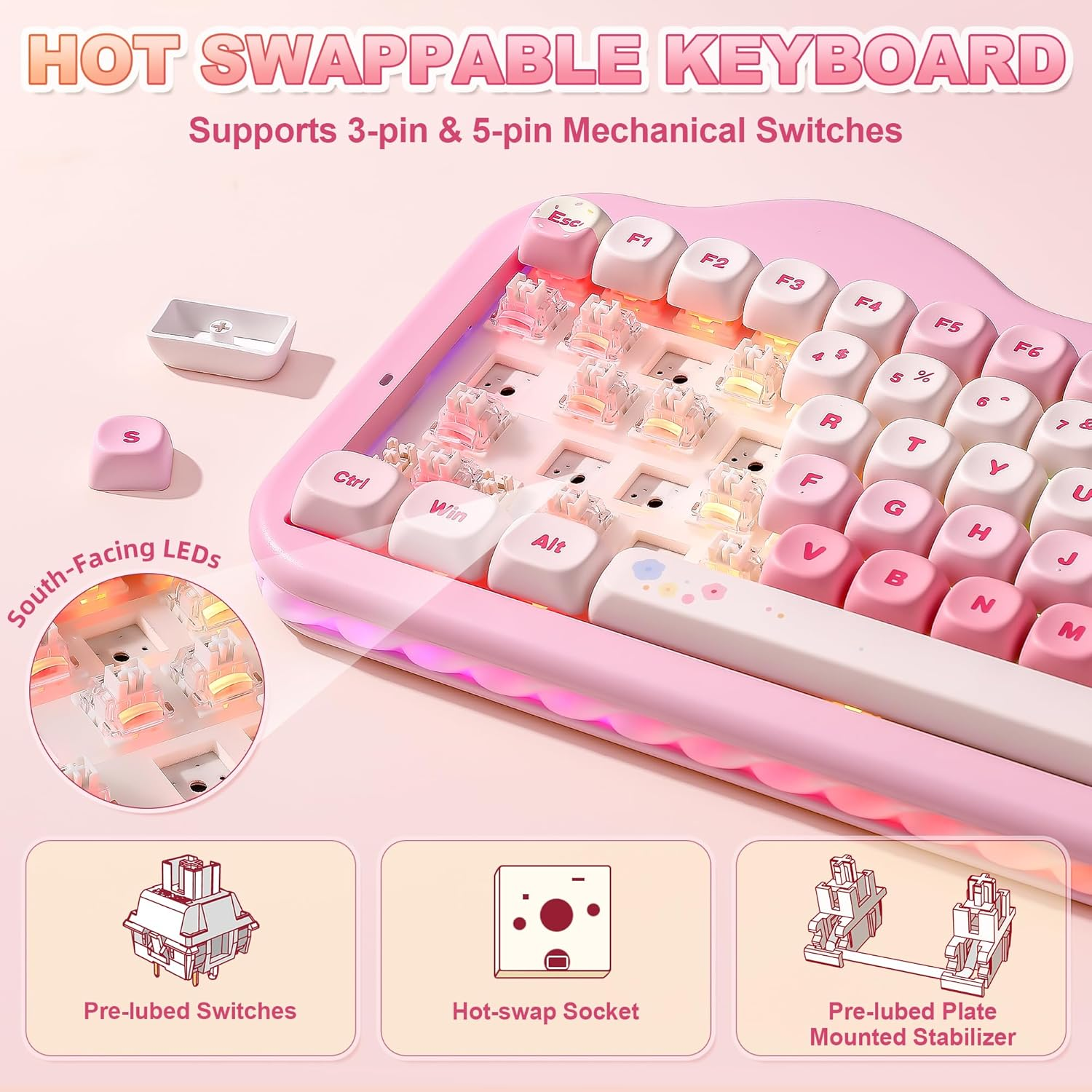 YUNZII C75 Wireless Mechanical Keyboard, 75% Layout Hot Swappable Creamy Keyboard NKRO, PBT MOA Keycaps RGB Backlit Gasket Mount,Cake Design BT5.0/2.4G/USB-C for Win/Mac/Gaming (Pink, Milk V2 Switch) - Beige image number 7