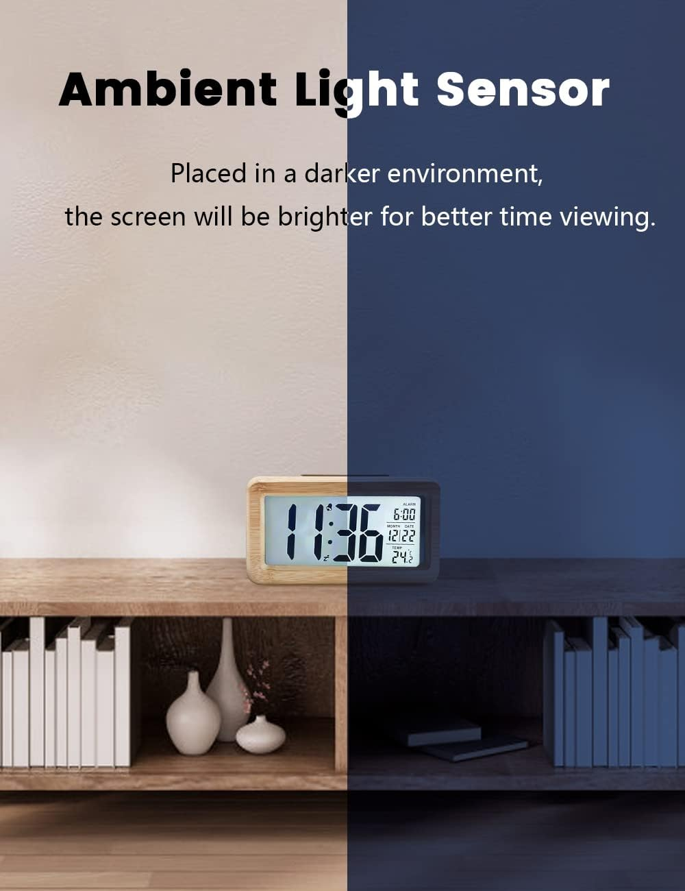 Aboveclock Digital Alarm Clock, Wooden Bedside Clock with Large LCD Backlit Display, Temperature, Snooze Function, Brightness Sensor, 3 AAA Battery Operated【Battery NOT Included】 image number 6