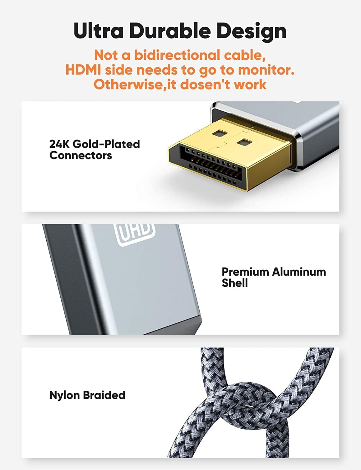 Snowkids Displayport to HDMI 1.8M(4K 30Hz) Unidirection Displayport to HDMI Converter Cord Male to Male, Non-Bidirectional DP Source to HDMI Display Passive Cable