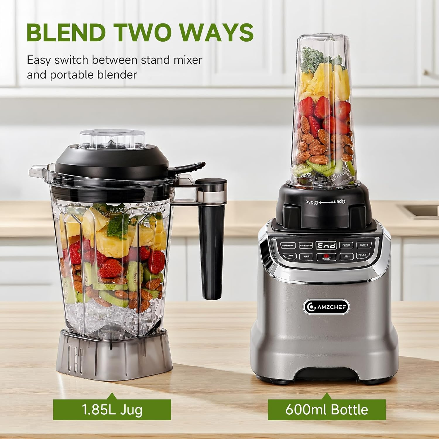 AMZCHEF Jug Blender, MAX 2400W Blender Smoothie Maker with Two Way,1.8L Jug & 600Ml Portable Blender,4 Functions and 3 Speeds, Bpa-Free for Frozen Drinks,Smoothies, Ice Cream, Soup image number 2