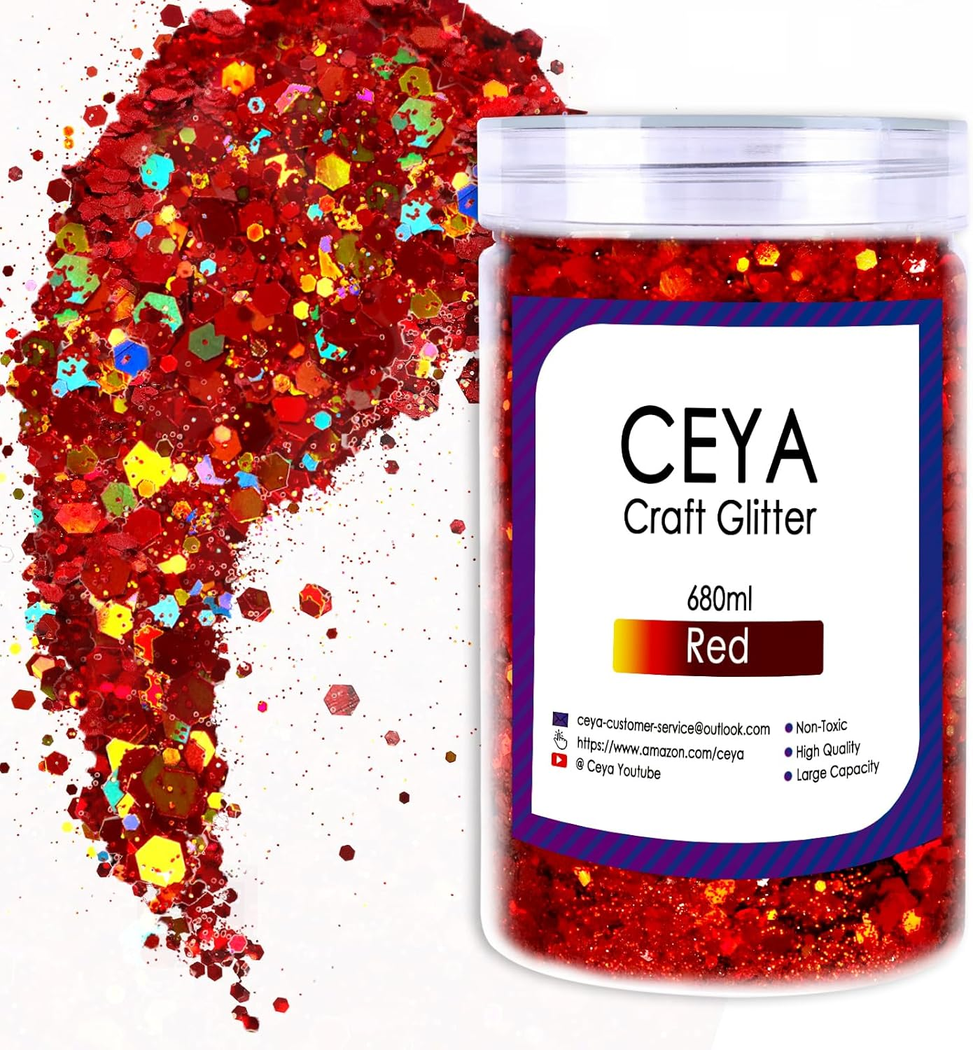 Ceya Holographic Chunky Glitter, 1 LB/ 16OZ Laser Red Bulk Craft Glitter Mixed Chunky Fine Glitter Bottled Metallic Flake Nail Sequins for Resin, Tumblers, Scrapbooking, Festival Decor, Art Project
