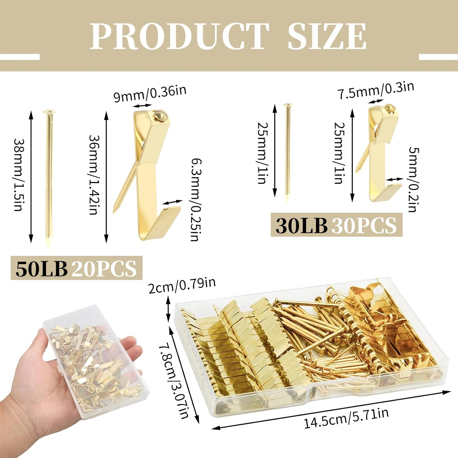 100 Pcs Picture Hanging Kit, Golden Wall Hooks with Nails, Heavy Duty Photo Frame Hangers for Drywall & Wooden Walls Includes 30LB & 50LB Hooks Minimal Damage image number 1