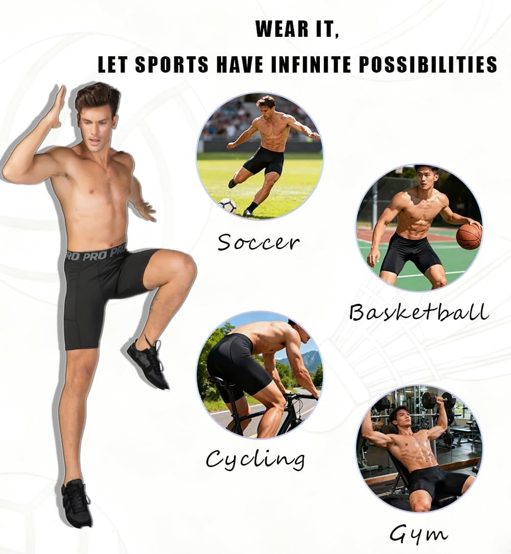 KAHEYQI Men'S Compression Shorts with Pocket Spandex Cool Dry Moisture Wicking Shorts for Athletic Running Gym Workout Base Layer