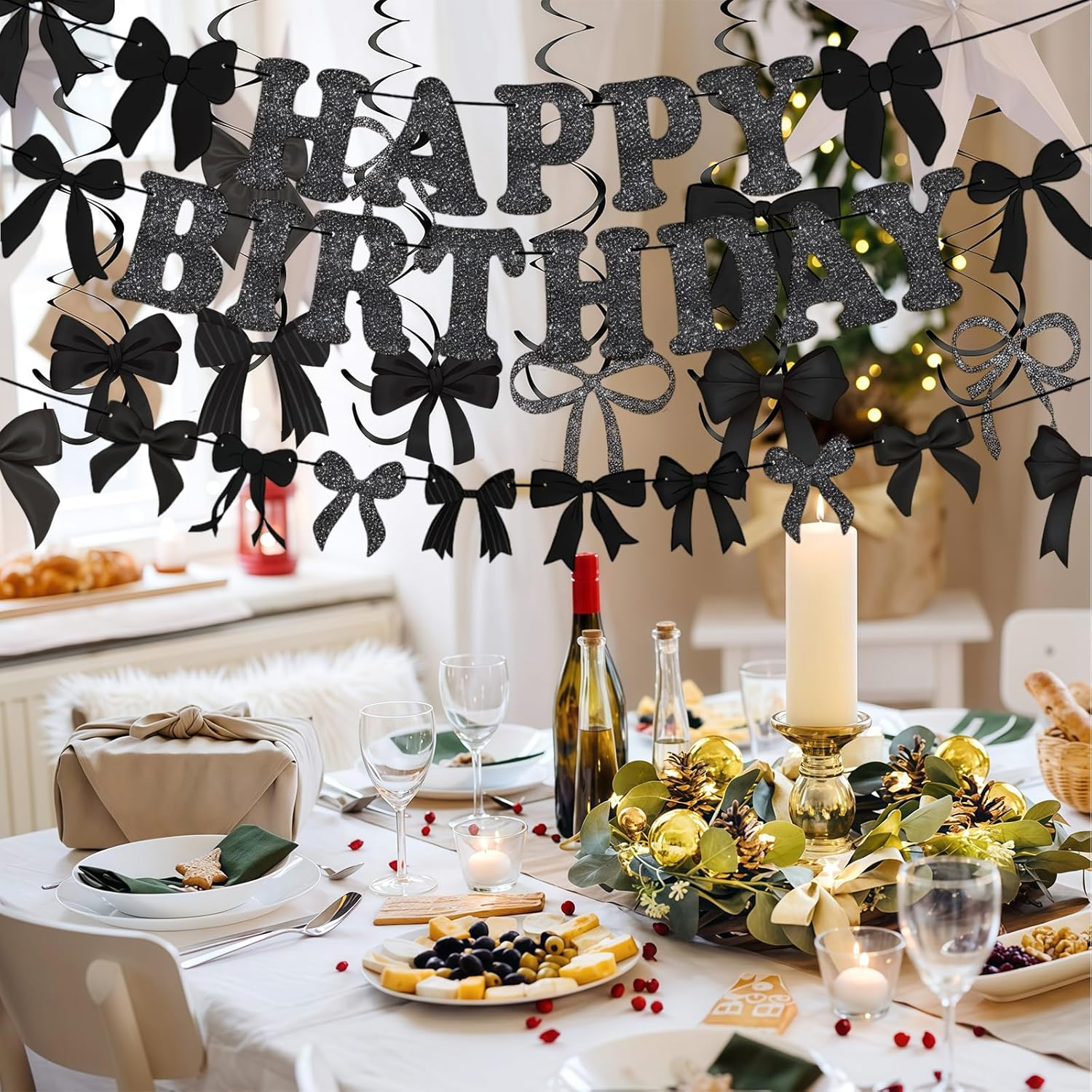 19Pcs Black Bowknot Happy Birthday Decorations,Black Bow Bunting Garland Party Birthday Banner Coquette Hanging Swirls Decorations for Girls Baby Shower Wedding Bowknot Party Supplies - Black Bow image number 3