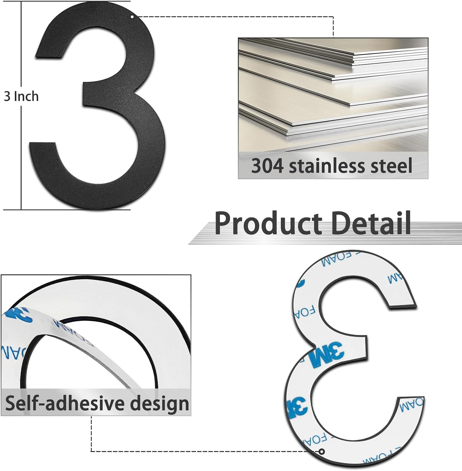 3 Inch Mailbox Number, Stainless Steel Matte Black Modern House Letter Box Numbers, Self-Adhesive Number Door Numbers for Apartments Office (3) - 0 image number 7