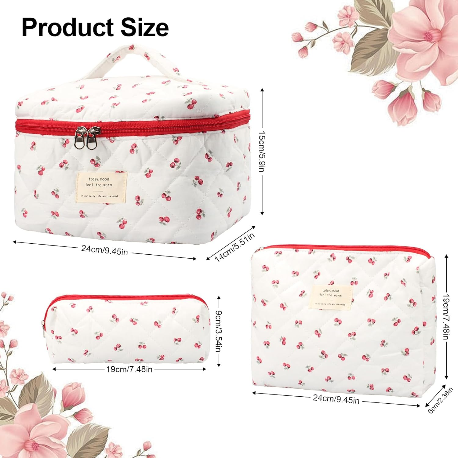 COZY CORE 3 Pack Quilted Cotton Makeup Bag Set, Cherry Travel Cosmetic Organizer with Toiletry Pouch, Portable Beauty Storage for Women Girls - Mothers Day Birthday Gifts (Cheery White) image number 5