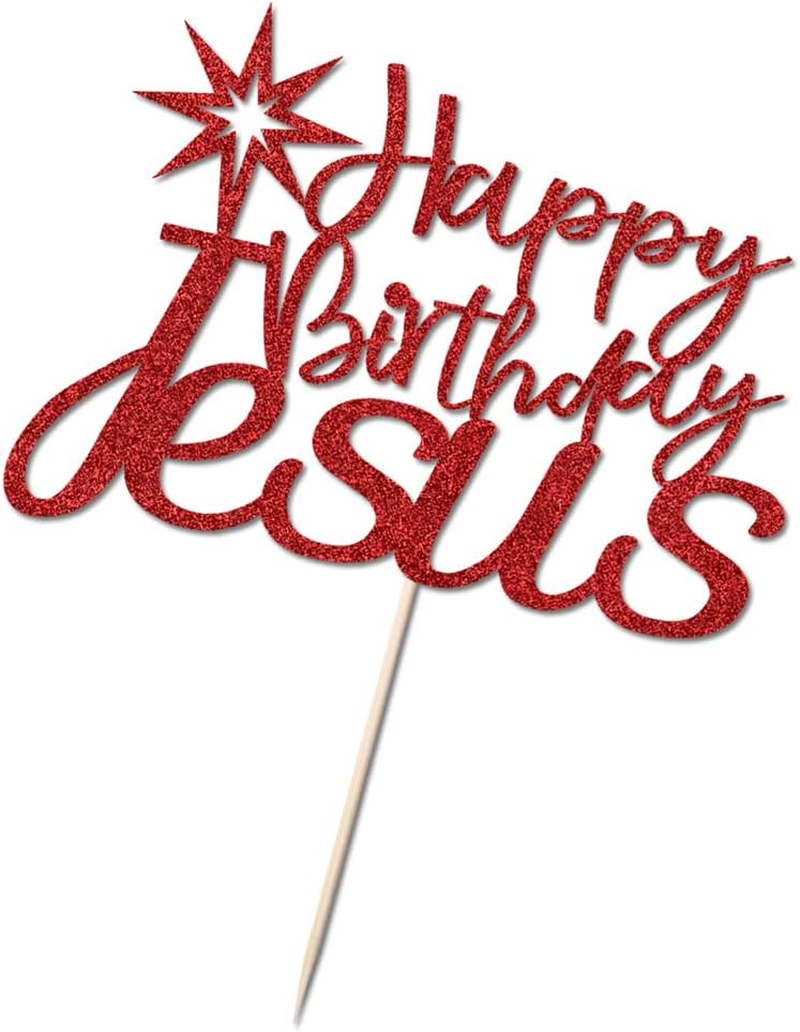 Sparkling Happy Birthday Jesus Cake Toppers - Jesus Birthday, Good Friday Cake Decoration、 Easter Party Decorations, Christmas Party Decoration Supplies (Red) - 3 image number 5