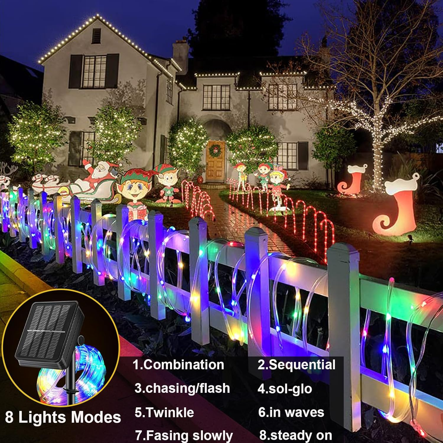 Solar Rope Lights, 12M100Led Solar String Lights IP65 Waterproof, Solar Outdoor Lights with 8 Modes Anti-Tangling for Camping Fence Garden Party Christmas Halloween Holiday Wedding (2 Packs Colorful) image number 4