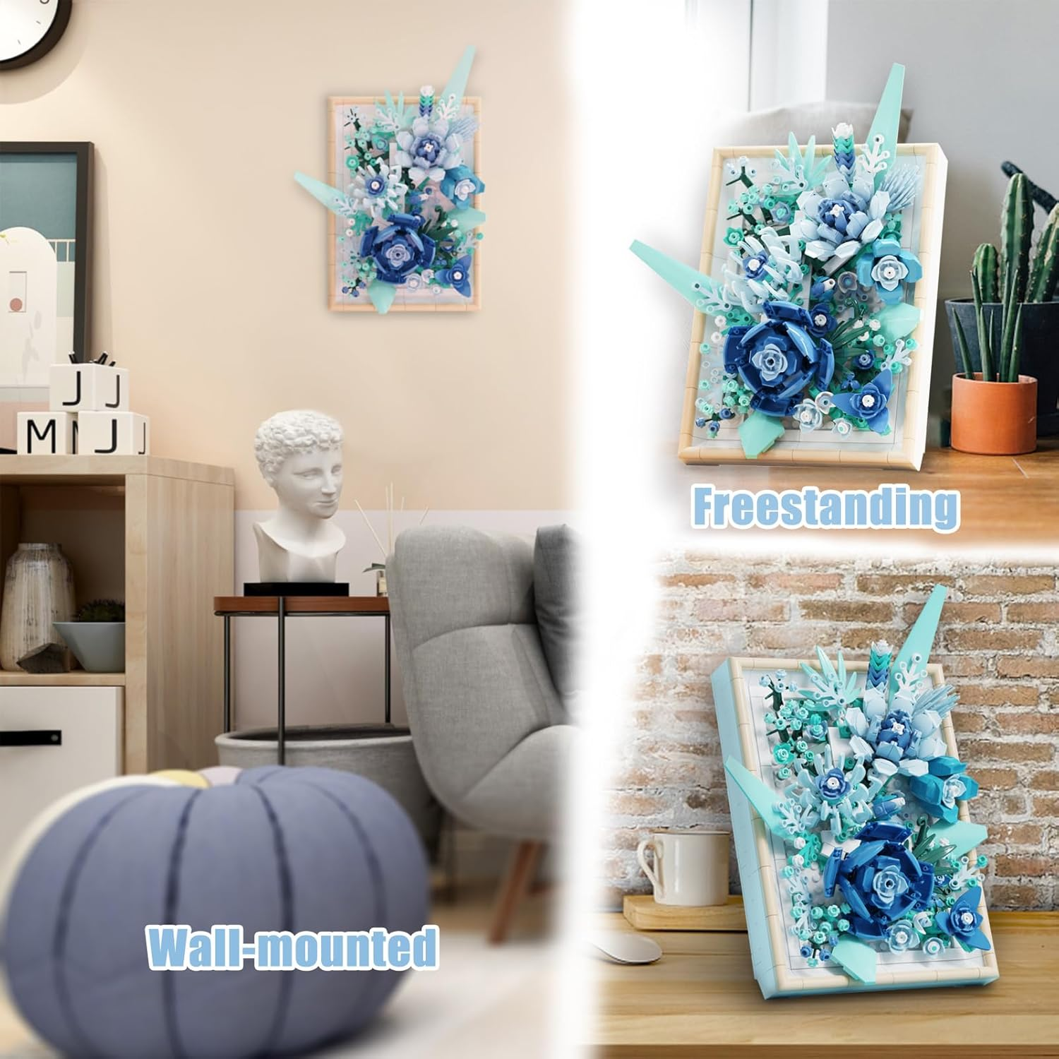 Flowers Building Block Set Compatible with , DIY Blue Roses Picture Frame, Home Office Decor, Wall Art Botanical Collection Gifts for Adults Teens Age 8+(728 Pcs) image number 5