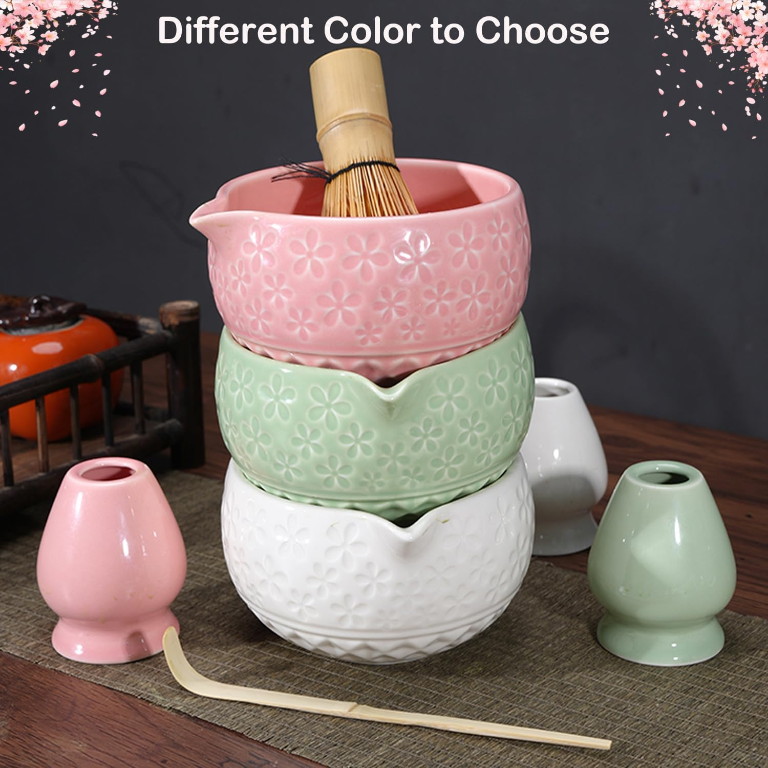 Matcha Whisk Set,5-Piece Ceramic Japanese Matcha Set Includes Matcha Bowl, Matcha Whisk and Holder, Bamboo Scoop, Scoop Rest, Sifter and Tea Towel - Matcha Kit for Matcha Lovers (Green) image number 1