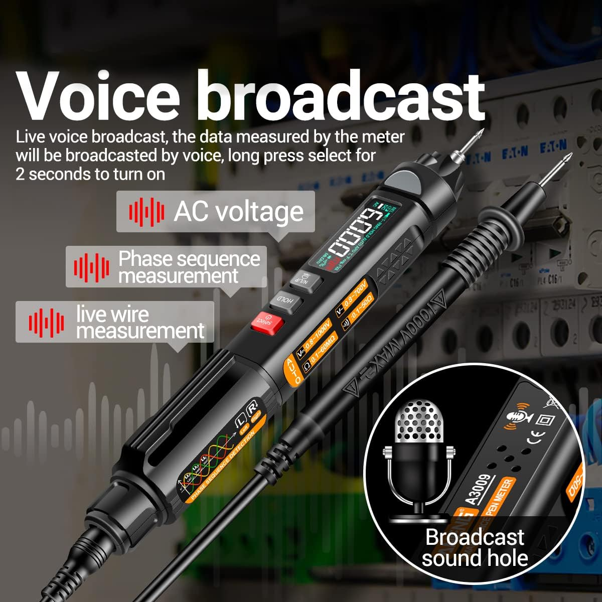 A3009 Mini Multimeter with Voice Broadcast 6000 Counts Voltmeter VA Reverse LCD Display Flashlight NCV Tester for Voltage Resistance Temperature On/Off Diode Phase Sequence