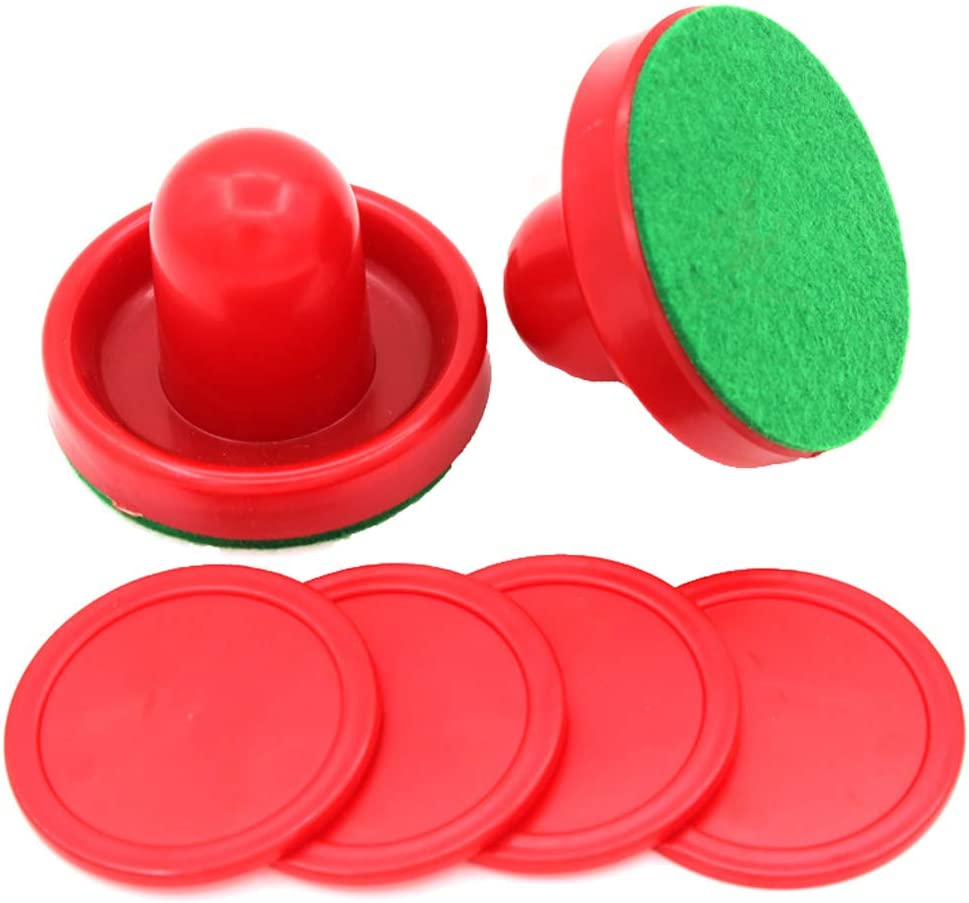 1 Set Mini Air Hockey Pushers and Air Hockey Pucks Great Goal Handles Pushers Goal Handles Paddles Replacement Accessories for Game Tables 60 MM, Red(2 Strikers, 4 Pucks)