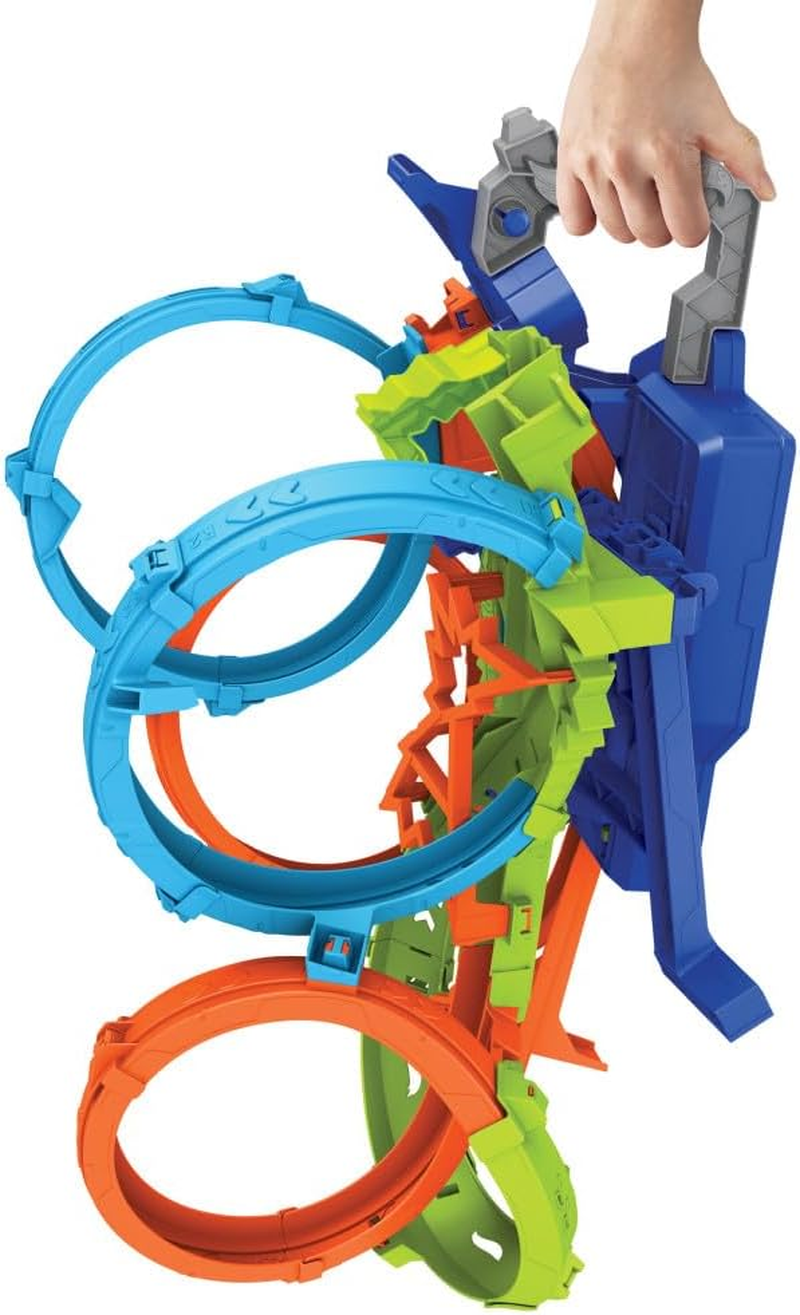 Hot Wheels Toy Car Track Set with 4 Loops, 3-Way Crash Zone and Motorized Booster, Folds for Storage, with 1:64 Scale Toy Car