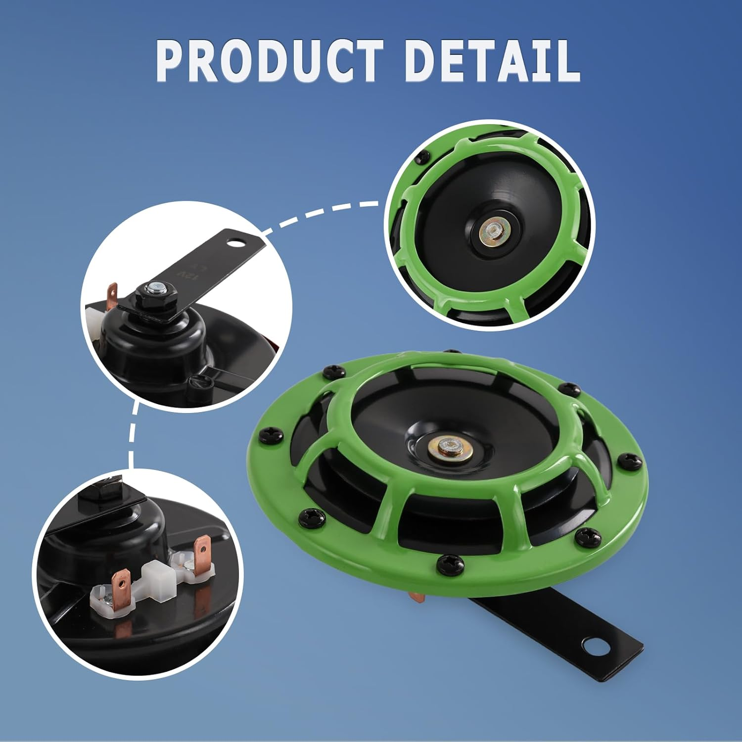 CARMOCAR Eletric Car Horn Kit 12V 135Db Super Loud High Tone and Low Tone Metal Twin Horn Kit with Bracket for Cars Trucks Suvs Rvs Vans Motorcycles off Road Boats (Green) image number 5