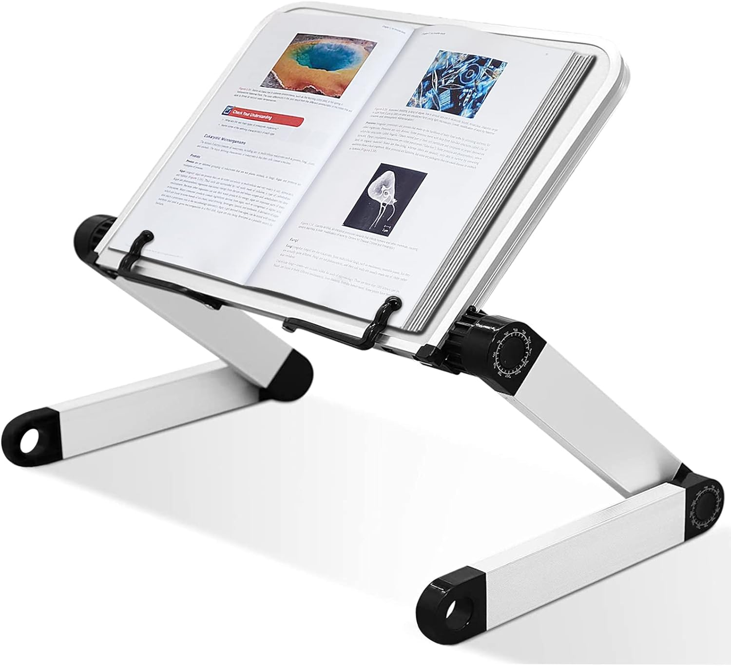 Adjustable Book Stand, Height and Angle Adjustable Ergonomic Book Holder with Page Paper Clips for Big Heavy Textbooks Music Books Tablet Cook Recipe Durable Lightweight Aluminum Book Holder Foldable