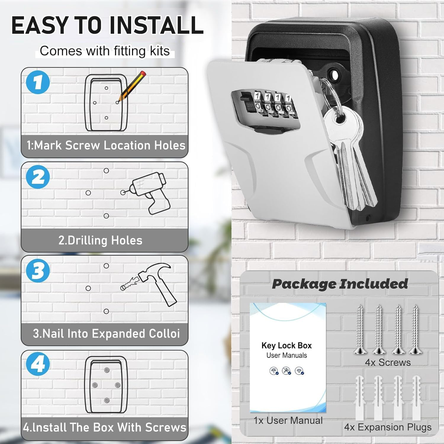 Key Lock Box, 4-Digit Combination Waterproof Portable Key Storage Lock Box Wall Mount 5 Key Large Capacity for House Key Hide a Key for Outdoor, Indoor(1-Pack) image number 6
