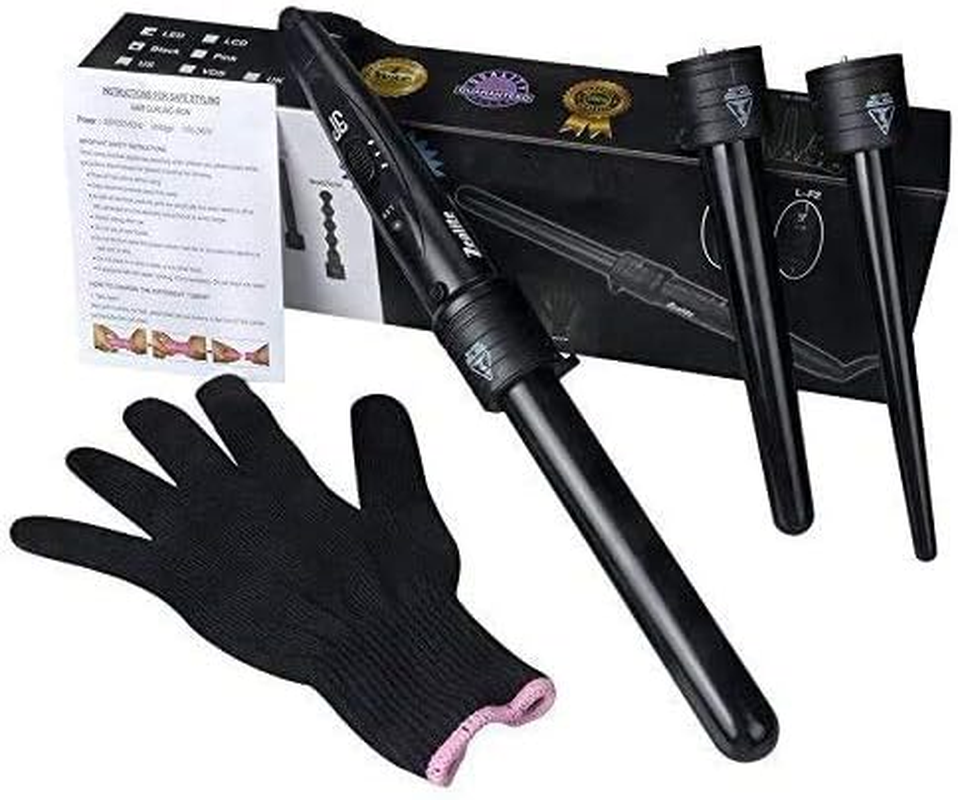 Zealite Hair Culer Curling Wand 3 in 1, Curling Iron Set with 3 Interchangeable Ceramic Barrels and a Heat Protective Glove Black image number 1