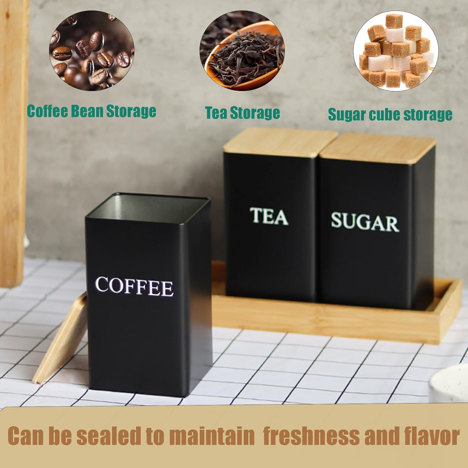 Alerrawia Tea Coffee Sugar Canister 1000 Ml Metal Coffee Tea Sugar Container with Airtight Bamboo Lid and Name Marker Food Storage Containers Jars for Coffee Sugar Tea Black Container Sets image number 4