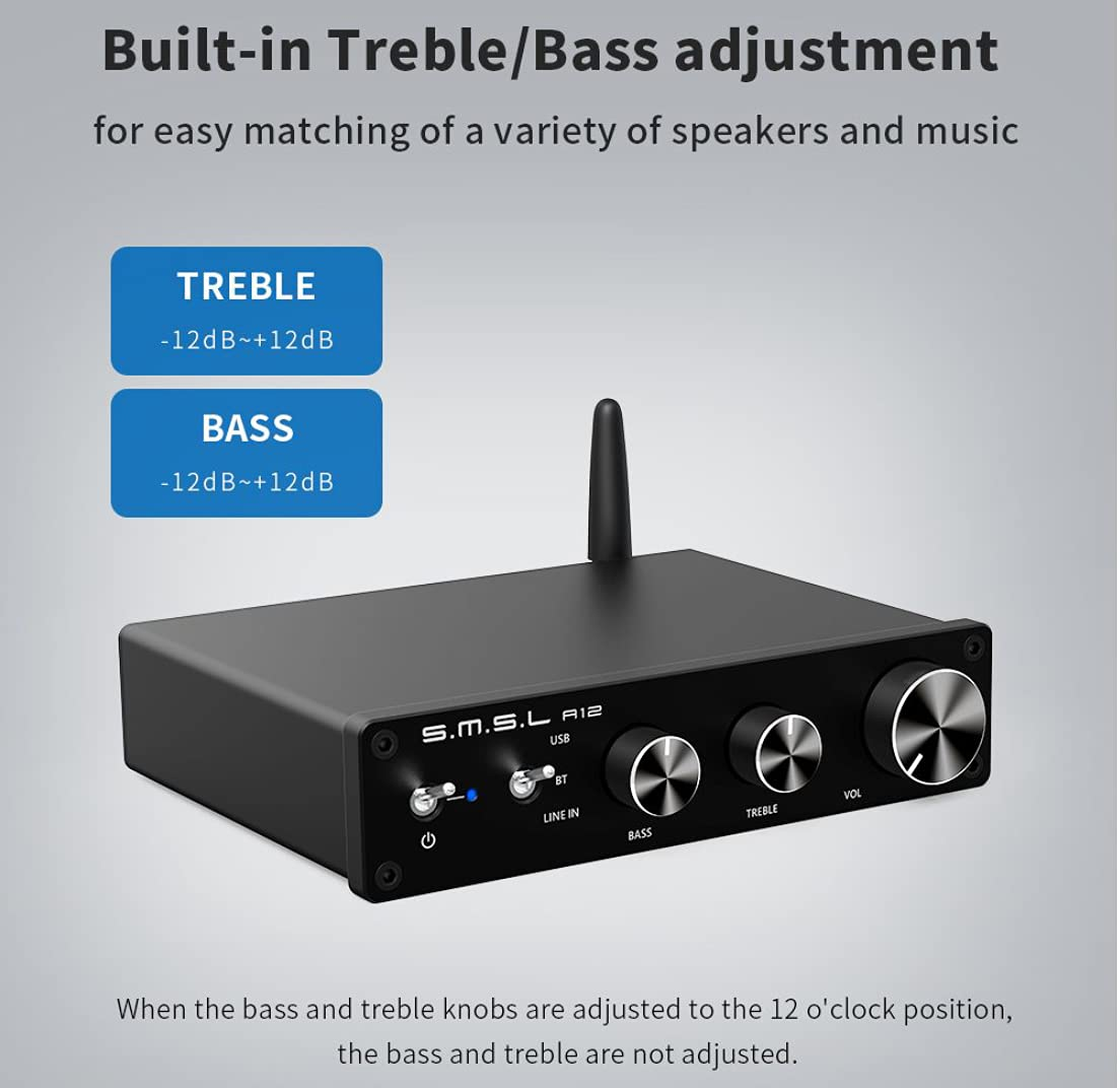 SMSL A12 Stereo Audio Amplifier Bluetooth 5.0 Class D Power Amp Receiver for Home Speakers with Bass and Treble Control Infineon MA12070 image number 5