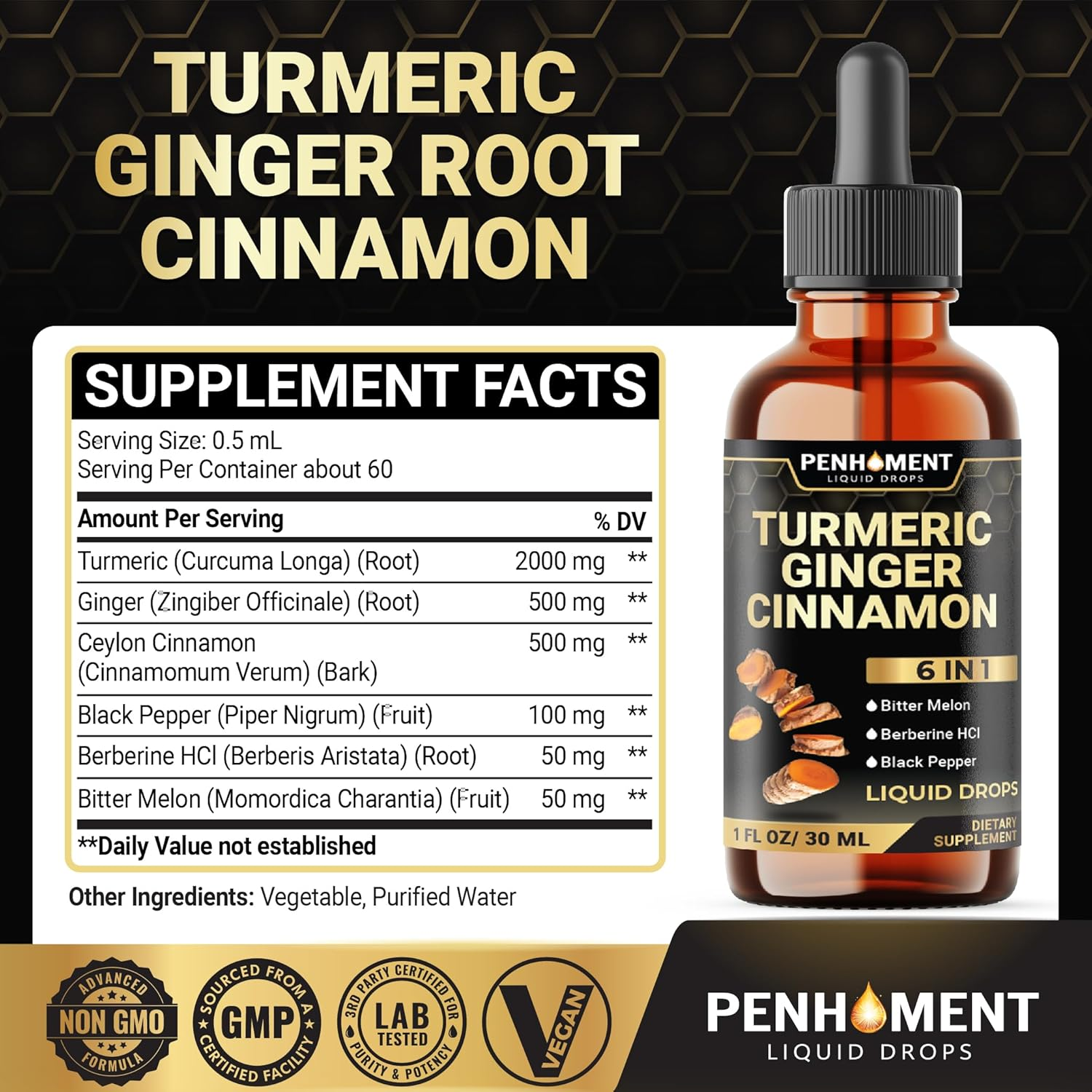 PENHOMENT 6In1 Liquid Turmeric Ceylon Cinnamon Berberine Ginger Bitter Melon & Black Pepper &ndash; Turmeric Supplement Drops for Digestive Health & Mobility &ndash; 1 FL OZ &ndash; 60 Servings image number 6