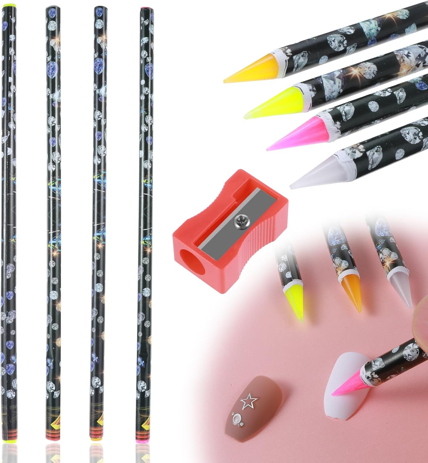 4 Pack Rhinestone Picker Tool, Self Adhesive Wax Pencil for Rhinestones, Rhinestone Pen Gem Picker Tool with Pencil Sharpener Nail Dotting Tool for Nail Art DIY Painting