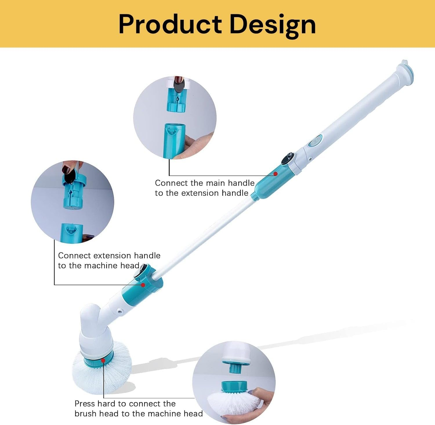 EZONEDEAL 360&deg; Rotating Electric Spin Scrubber, Multi-Purpose Surface Cleaner with 3 Replaceable Brush Heads and 1 Extension Arm for Bathroom, Tile, Floor, Tub, Shower, Bathtub & Kitchen Car Scrubber image number 5