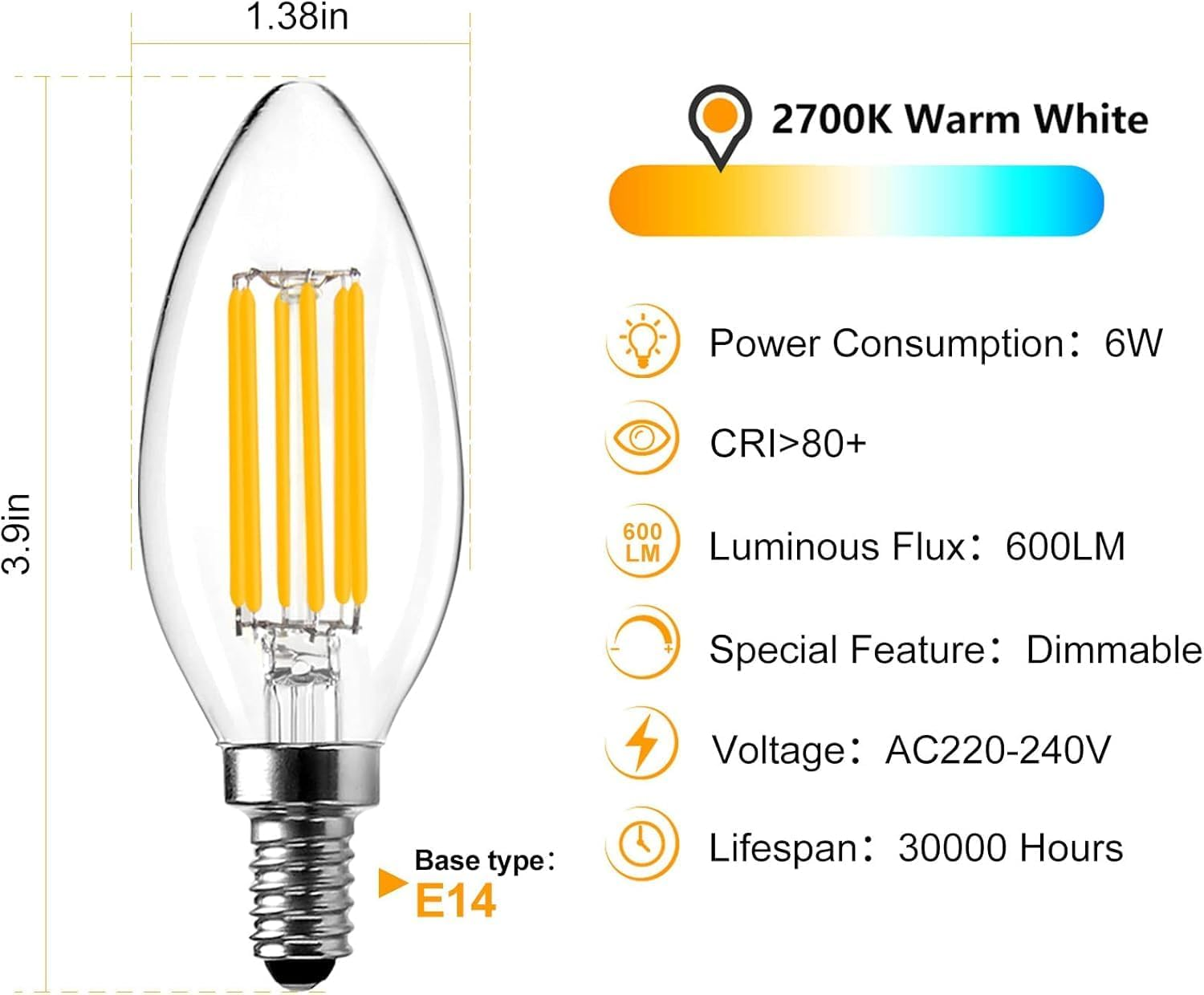 BRIMAX E14 LED Candle Bulb Dimmable 6W 60W Equivalent Warm White 2700K Ses(Small Edison Screw) LED Chandelier Bulbs C35 Vintage Filament Energy Saving Candelabra Light Bulb 5 Packs image number 6