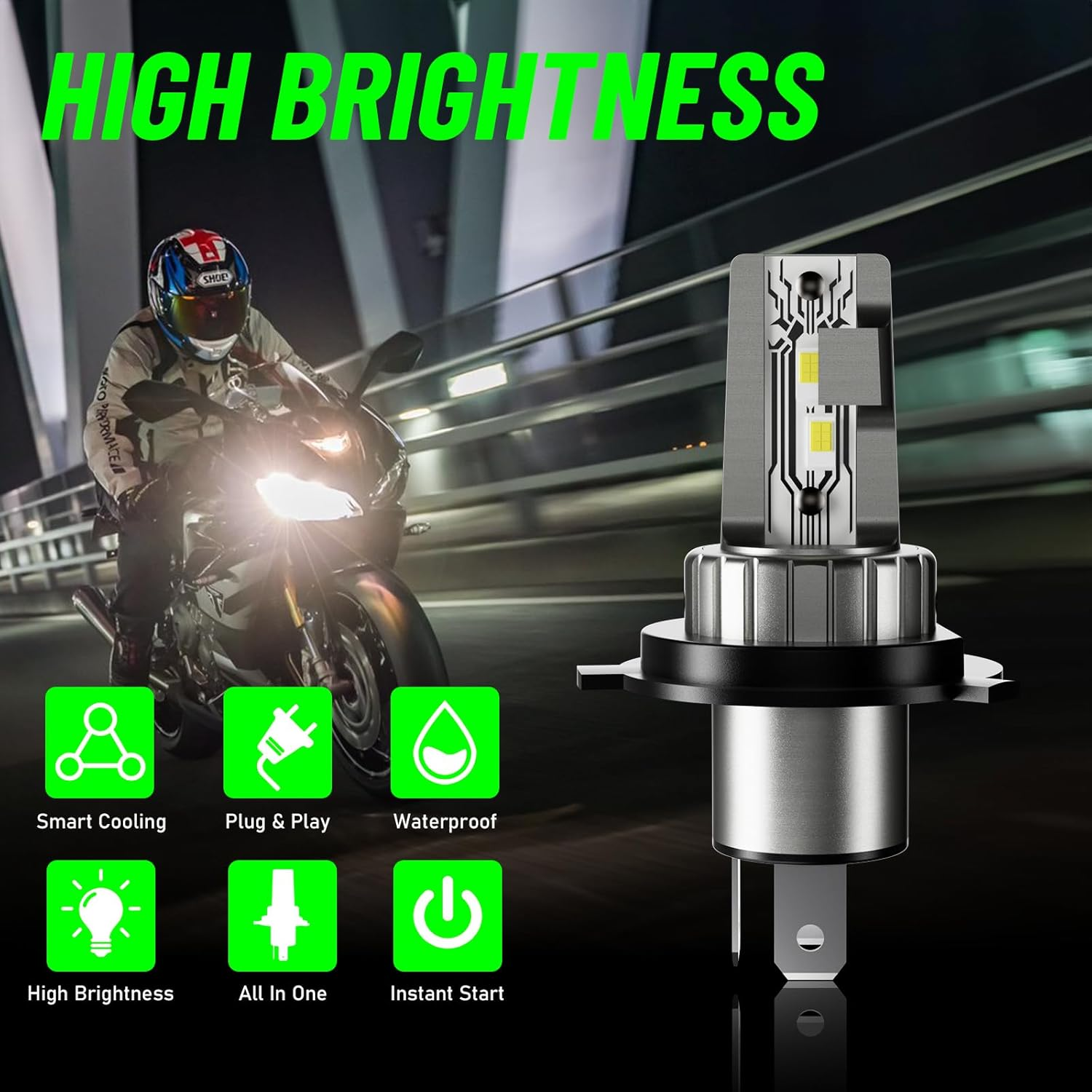 H4 9003 HB2 LED Fog Lights Bulbs for Motorcycle, 600% Brighter 6500K Cool White High/Low LED Headlamp, Pack of 1