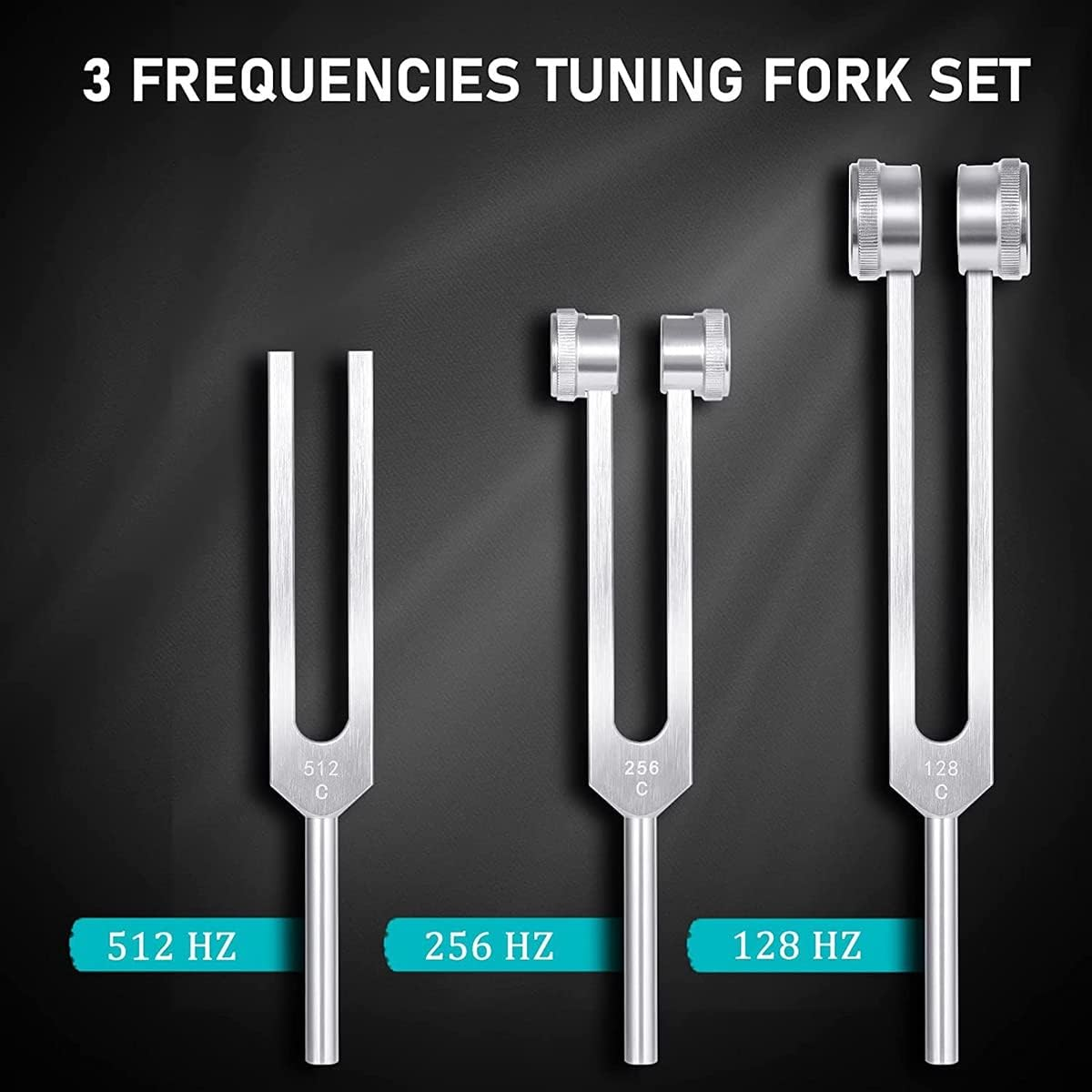 4 Pack Tuning Fork Set(128Hz, 256Hz, 512Hz) with Tuning Fork Hammer for Sound Sound Vibration Tool with Base,Silver image number 6