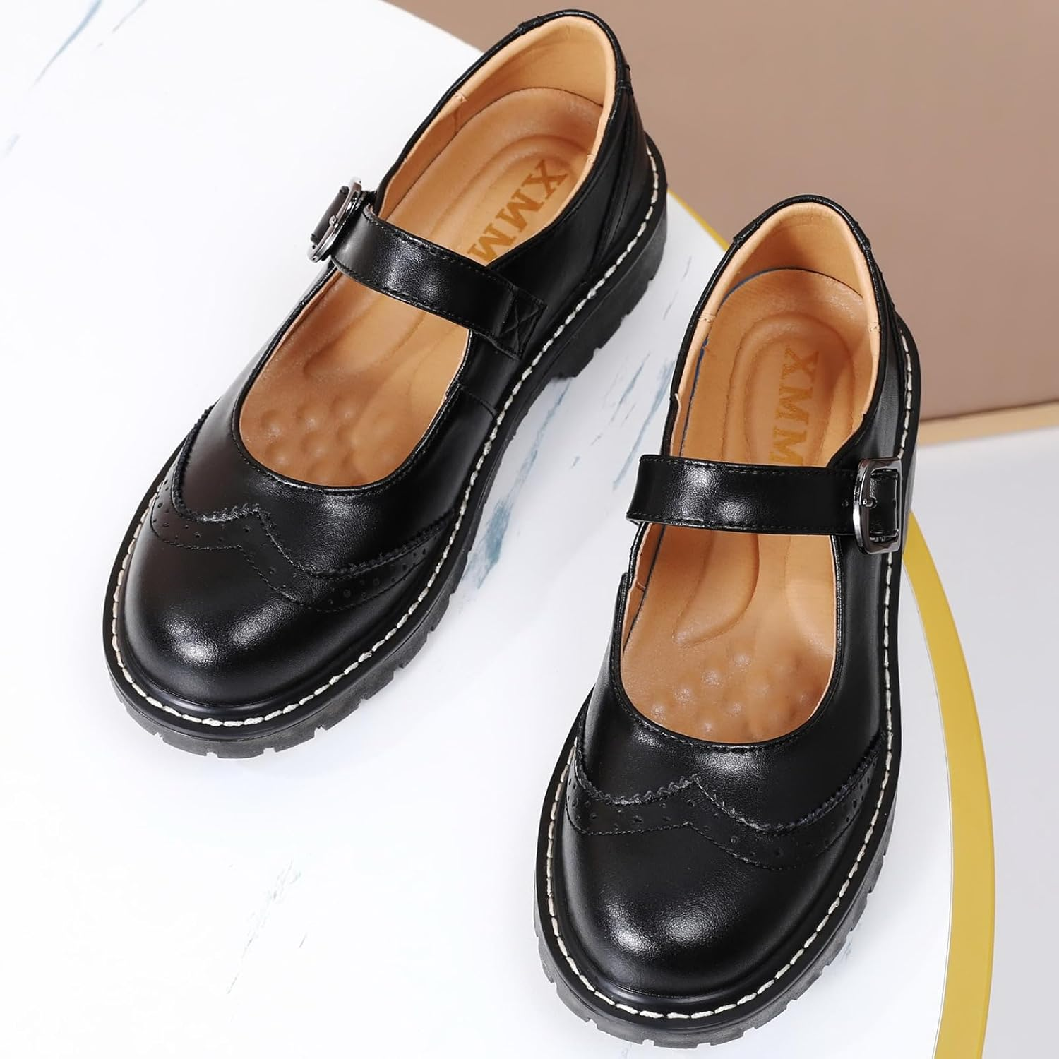 XMM Mary Jane Shoes Women Mary Janes Flats Ladies Oxford Shoes for Women Comfort Leather round Toe Non-Slip Dressy Casual Cute Girls School Work Shoes image number 6