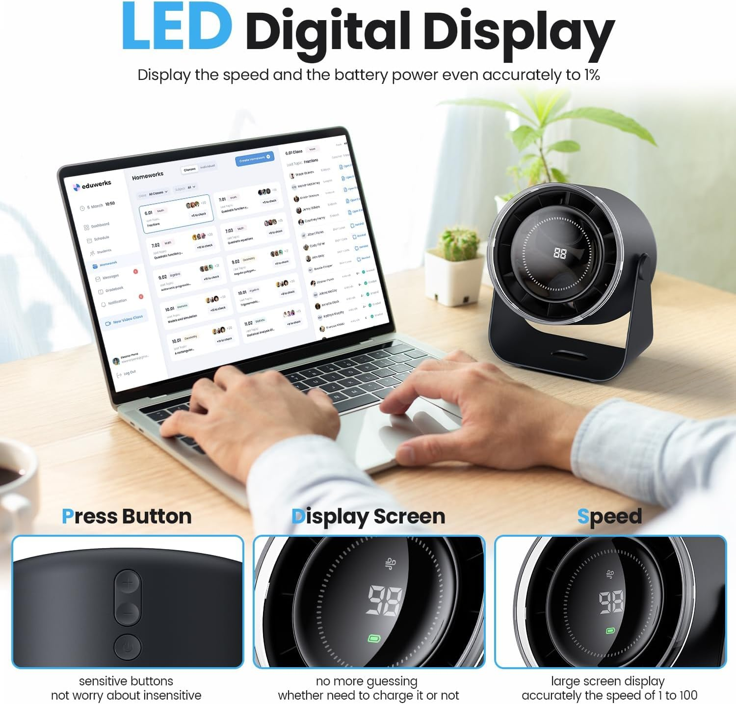 WSKEN Desk Fan with Battery Operated, Quiet Digital Display Portable Fan for Office, Bedroom, Kitchen, Home, Outdoor, 100 Speeds 115&deg; Tilt Small Travel Camping Table Fan, Blue-Gray - Blue-Gray image number 2