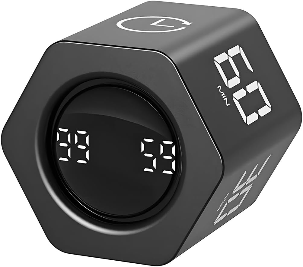 QUMOX F6 Pomodoro Timer Cube, Hexagon Productivity Gravity Timer, Flip Clock, Silent, Vibrate & Sound Alarm Ideal for Work, Office, ADHD, Study, and Tasks - 1/5/10/30/60 Min & Stopwatch Mode - Black image number 3